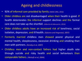 Ageing and childlessness
• 92% of informal care provided by family (AWOC.ORG, 2016)
• Older childless are not disadvantaged when their health is good. If
health deteriorates the informal support declines and the formal
care does not take up the shortfall. (Albertini & Mencarini, 2014)
• Older childless adults have an increased risk of loneliness, social
isolation, depression, and ill health. (Dykstra and Hagestad, 2007)
• Formerly married childless men showed poorer physical and
mental health, sleeplessness, excessive drinking and smoking than
men with partners. (Kendig et al, 2007)
• Childless men and non-contact fathers had higher death rate
through suicide and risky health and social behaviours than
comparable fathers. (Weitoft et al, 2004).
 