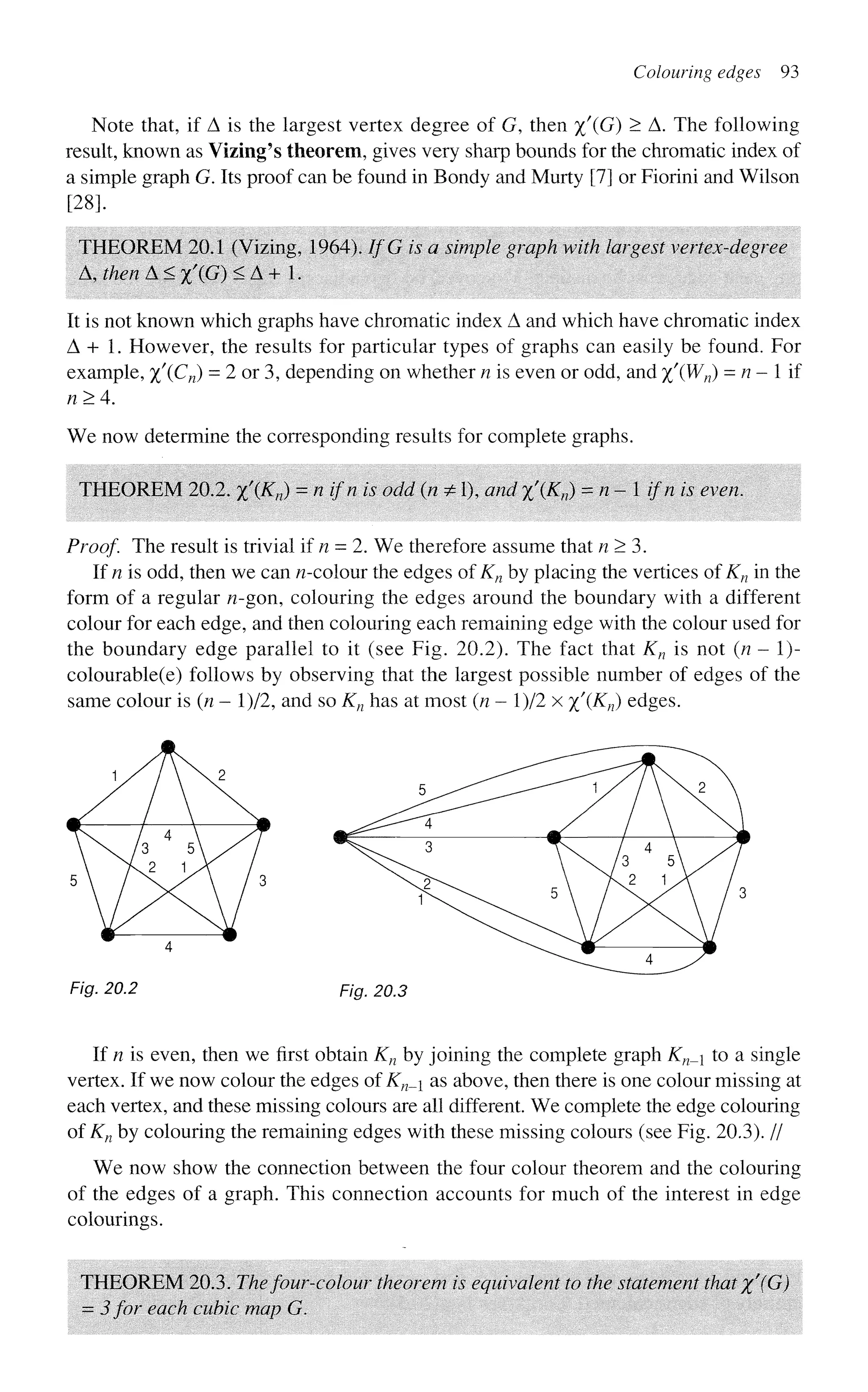 Colouring edges 93
Note that, if A is the largest vertex degree of G, then %'(G) > A. The following
result, known as Vizing's theorem, gives very sharp bounds for the chromatic index of
a simple graph G. Its proof can be found in Bondy and Murty [7] or Fiorini and Wilson
[28].
THEOREM 20.1 (Vizing, 1964). IfG is a simple graph with largest vertex-degree
A,thenA<x'(G)<A + 1.
It is not known which graphs have chromatic index A and which have chromatic index
A + 1. However, the results for particular types of graphs can easily be found. For
example, %'(Cn) = 2 or 3, depending on whether n is even or odd, and %'(Wn) = « - 1 if
n>4.
We now determine the corresponding results for complete graphs.
THEOREM 20.2. x'(Kn) = n l
fn is odd
(fl
* 0< and xKn) = n - 1 ifn is even.
Proof. The result is trivial if n = 2. We therefore assume that n > 3.
If n is odd, then we can ^-colour the edges of Kn by placing the vertices of Kn in the
form of a regular n-gon, colouring the edges around the boundary with a different
colour for each edge, and then colouring each remaining edge with the colour used for
the boundary edge parallel to it (see Fig. 20.2). The fact that Kn is not (n - 1)-
colourable(e) follows by observing that the largest possible number of edges of the
same colour is (n - l)/2, and so Kn has at most (n - l)/2 x %'(Kn) edges.
Fig. 20.2 Fig. 20.3
If n is even, then we first obtain Kn by joining the complete graph Kn_ to a single
vertex. If we now colour the edges of Kn_i as above, then there is one colour missing at
each vertex, and these missing colours are all different. We complete the edge colouring
of Kn by colouring the remaining edges with these missing colours (see Fig. 20.3). //
We now show the connection between the four colour theorem and the colouring
of the edges of a graph. This connection accounts for much of the interest in edge
colourings.
THEOREM 20.3. Thefour-colour theorem is equivalent to the statement that x'(G)
= 3 for each cubic map G.
 