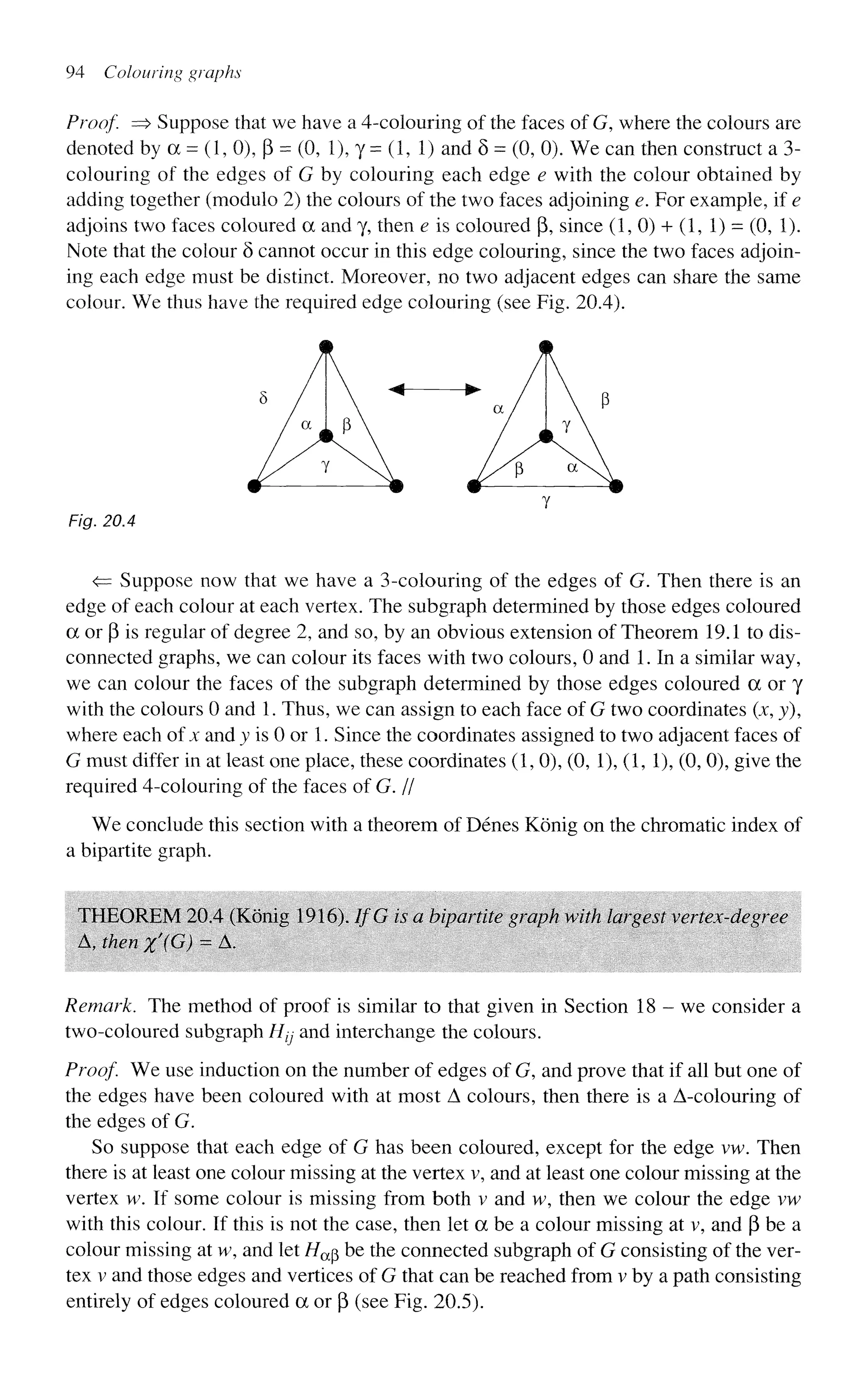 94 Colouring graphs
Proof. => Suppose that we have a 4-colouring of the faces of G, where the colours are
denoted by a = (1, 0), p = (0, 1), y = (1, 1) and 8 = (0, 0). We can then construct a 3-
colouring of the edges of G by colouring each edge e with the colour obtained by
adding together (modulo 2) the colours of the two faces adjoining e. For example, if e
adjoins two faces coloured a and y, then e is coloured p, since (1, 0) + (1, 1) = (0, 1).
Note that the colour 5 cannot occur in this edge colouring, since the two faces adjoin-
ing each edge must be distinct. Moreover, no two adjacent edges can share the same
colour. We thus have the required edge colouring (see Fig. 20.4).
Fig. 20.4
<= Suppose now that we have a 3-colouring of the edges of G. Then there is an
edge of each colour at each vertex. The subgraph determined by those edges coloured
a or p is regular of degree 2, and so, by an obvious extension of Theorem 19.1 to dis-
connected graphs, we can colour its faces with two colours, 0 and 1. In a similar way,
we can colour the faces of the subgraph determined by those edges coloured a or y
with the colours 0 and 1. Thus, we can assign to each face of G two coordinates (x, y),
where each of* and y is 0 or 1. Since the coordinates assigned to two adjacent faces of
G must differ in at least one place, these coordinates (1,0), (0, 1), (1, 1), (0, 0), give the
required 4-colouring of the faces of G. //
We conclude this section with a theorem of Denes Konig on the chromatic index of
a bipartite graph.
THEOREM 20.4 (Konig 1916). IfG is a bipartite graph with largest vertex-degree
A, then x'(G) = A.
Remark. The method of proof is similar to that given in Section 18 - we consider a
two-coloured subgraph H^ and interchange the colours.
Proof. We use induction on the number of edges of G, and prove that if all but one of
the edges have been coloured with at most A colours, then there is a A-colouring of
the edges of G.
So suppose that each edge of G has been coloured, except for the edge vw. Then
there is at least one colour missing at the vertex v, and at least one colour missing at the
vertex w. If some colour is missing from both v and w, then we colour the edge vw
with this colour. If this is not the case, then let a be a colour missing at v, and p be a
colour missing at w, and let //ap be the connected subgraph of G consisting of the ver-
tex v and those edges and vertices of G that can be reached from v by a path consisting
entirely of edges coloured a or p (see Fig. 20.5).
 