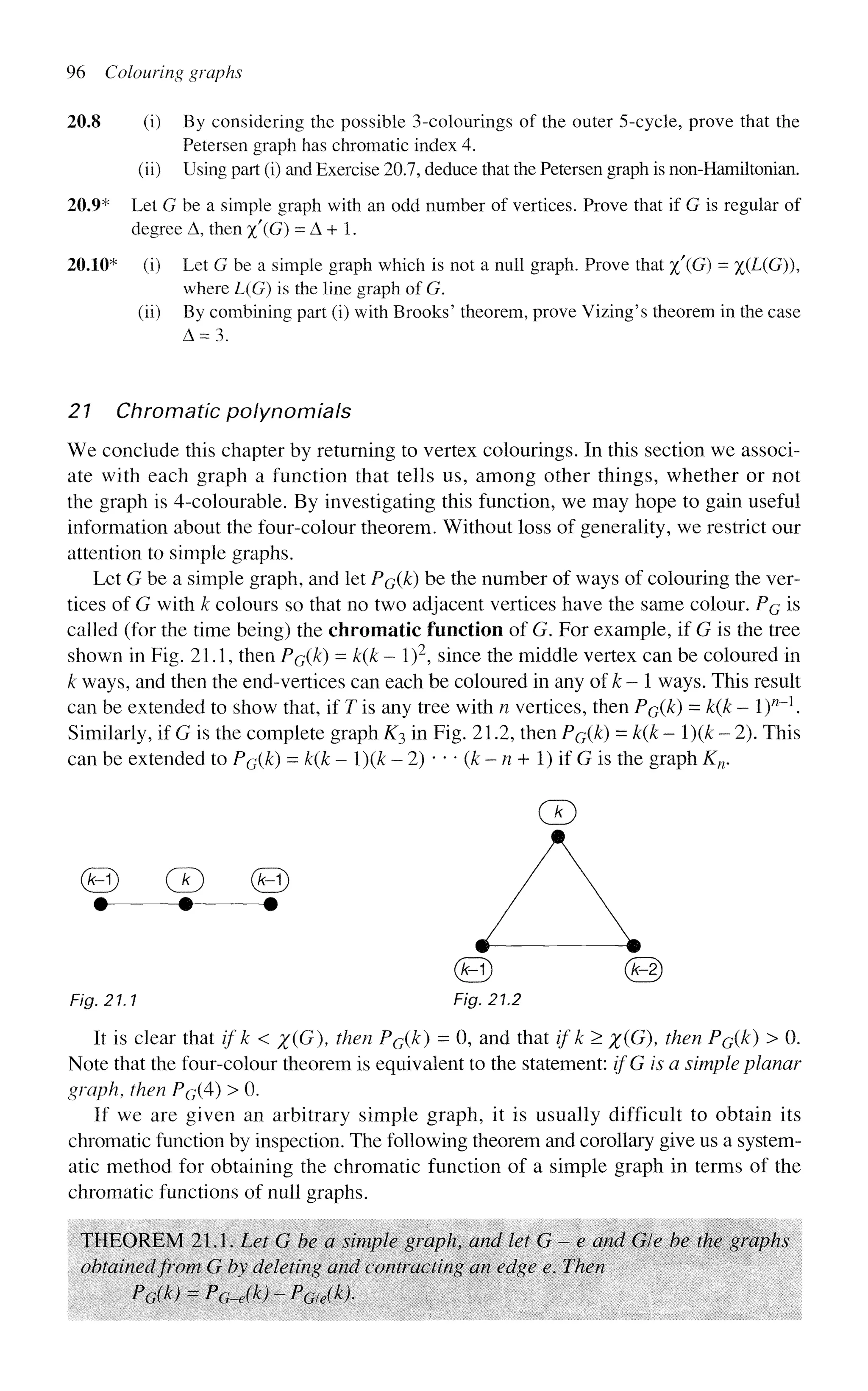 96 Colouring graphs
20.8 (i) By considering the possible 3-colourings of the outer 5-cycle, prove that the
Petersen graph has chromatic index 4.
(ii) Using part (i) and Exercise 20.7, deduce that the Petersen graph is non-Hamiltonian.
20.9* Let G be a simple graph with an odd number of vertices. Prove that if G is regular of
degree A, then %'(G) = A + 1.
20.10* (i) Let G be a simple graph which is not a null graph. Prove that %'(G) = %(L(G)),
where L(G) is the line graph of G.
(ii) By combining part (i) with Brooks' theorem, prove Vizing's theorem in the case
A - 3 .
21 Chromatic polynomials
We conclude this chapter by returning to vertex colourings. In this section we associ-
ate with each graph a function that tells us, among other things, whether or not
the graph is 4-colourable. By investigating this function, we may hope to gain useful
information about the four-colour theorem. Without loss of generality, we restrict our
attention to simple graphs.
Let G be a simple graph, and let PG(k) be the number of ways of colouring the ver-
tices of G with k colours so that no two adjacent vertices have the same colour. PG is
called (for the time being) the chromatic function of G. For example, if G is the tree
shown in Fig. 21.1, then PG(k) = k(k - I)2
, since the middle vertex can be coloured in
k ways, and then the end-vertices can each be coloured in any of k - 1 ways. This result
can be extended to show that, if T is any tree with n vertices, then PG(k) = k(k - l)w_1
.
Similarly, if G is the complete graph K^ in Fig. 21.2, then PG(k) = k(k - l)(k - 2). This
can be extended to PG(k) = k(k - ){k - 2) • • • (k - n + 1) if G is the graph Kn.
(D
(B) & ©
• • •
Fig. 21.1 Fig. 21.2
It is clear that if k < #(G), then PG(k
) = °> a n d t h a t
if k
^ X(G), then PG(k) > 0.
Note that the four-colour theorem is equivalent to the statement: ifG is a simple planar
graph, then PG(4) > 0.
If we are given an arbitrary simple graph, it is usually difficult to obtain its
chromatic function by inspection. The following theorem and corollary give us a system-
atic method for obtaining the chromatic function of a simple graph in terms of the
chromatic functions of null graphs.
THEOREM 21.1. Let G be a simple graph, and let G - e and Gle be the graphs
obtained from G by deleting and contracting an edge e. Then
PG(k) = PG-e(k)~PG/e(kl
 