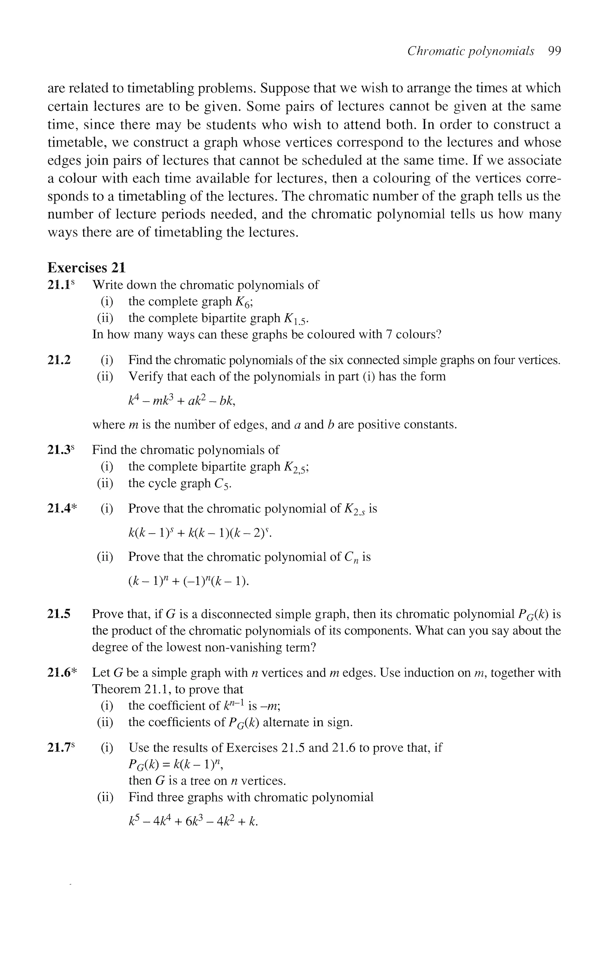 Chromatic polynomials 99
are related to timetabling problems. Suppose that we wish to arrange the times at which
certain lectures are to be given. Some pairs of lectures cannot be given at the same
time, since there may be students who wish to attend both. In order to construct a
timetable, we construct a graph whose vertices correspond to the lectures and whose
edges join pairs of lectures that cannot be scheduled at the same time. If we associate
a colour with each time available for lectures, then a colouring of the vertices corre-
sponds to a timetabling of the lectures. The chromatic number of the graph tells us the
number of lecture periods needed, and the chromatic polynomial tells us how many
ways there are of timetabling the lectures.
Exercises 21
21.1s
Write down the chromatic polynomials of
(i) the complete graph K6;
(ii) the complete bipartite graph K5.
In how many ways can these graphs be coloured with 7 colours?
21.2 (i) Find the chromatic polynomials of the six connected simple graphs on four vertices,
(ii) Verify that each of the polynomials in part (i) has the form
k4
- mk3
+ ak2
- bk,
where m is the number of edges, and a and b are positive constants.
21.3s
Find the chromatic polynomials of
(i) the complete bipartite graph K2^;
(ii) the cycle graph C5.
21.4* (i) Prove that the chromatic polynomial of K2_s is
k(k-iy + k(k~l)(k~2)
(ii) Prove that the chromatic polynomial of Cn is
(k-l)n
+ (-l)n
(k-l).
21.5 Prove that, if G is a disconnected simple graph, then its chromatic polynomial Pc(k) is
the product of the chromatic polynomials of its components. What can you say about the
degree of the lowest non-vanishing term?
21.6* Let G be a simple graph with n vertices and m edges. Use induction on m, together with
Theorem 21.1, to prove that
(i) the coefficient of kn
~~l
is -m;
(ii) the coefficients of Pc(k) alternate in sign.
21.7s
(i) Use the results of Exercises 21.5 and 21.6 to prove that, if
PG(k) = Kk-iy,
then G is a tree on n vertices,
(ii) Find three graphs with chromatic polynomial
k5
-4k4
+ 6k3
-4k2
+ k.
 