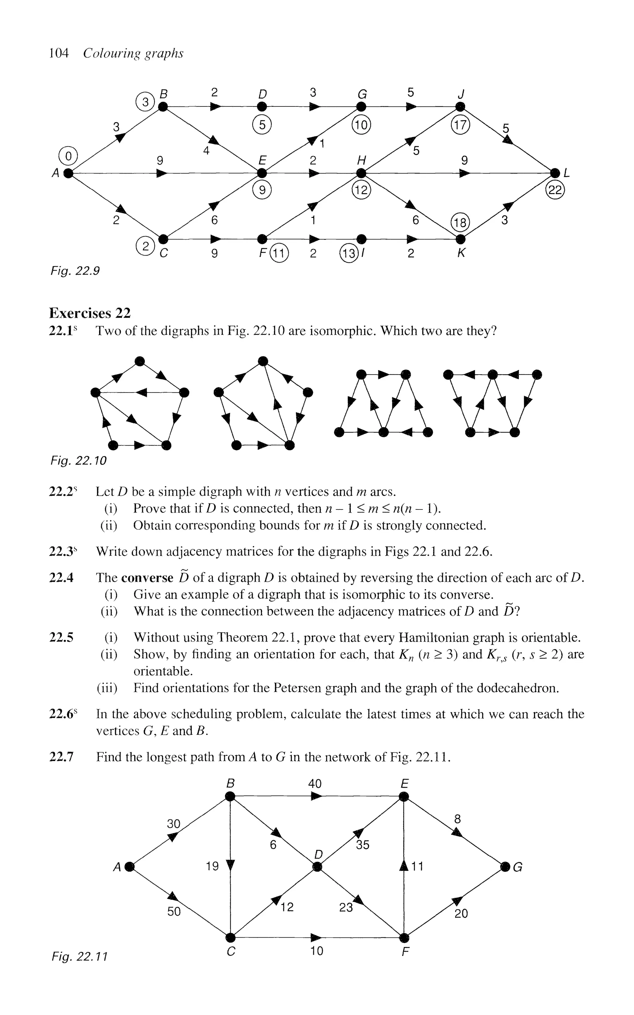 104 Colouring graphs
Fig. 22.9
Exercises 22
22.1s
Two of the digraphs in Fig. 22.10 are isomorphic. Which two are they?
Fig. 22.10
22.2s
Let D be a simple digraph with n vertices and m arcs.
(i) Prove that if D is connected, then n- <m< n(n - 1).
(ii) Obtain corresponding bounds for m if D is strongly connected.
22.3s
Write down adjacency matrices for the digraphs in Figs 22.1 and 22.6.
22.4 The converse D of a digraph D is obtained by reversing the direction of each arc of D.
(i) Give an example of a digraph that is isomorphic to its converse,
(ii) What is the connection between the adjacency matrices of D and D?
22.5 (i) Without using Theorem 22.1, prove that every Hamiltonian graph is orientable.
(ii) Show, by finding an orientation for each, that K„ (n > 3) and Krs (r, s > 2) are
orientable.
(iii) Find orientations for the Petersen graph and the graph of the dodecahedron.
22.6s
In the above scheduling problem, calculate the latest times at which we can reach the
vertices G, E and B.
22.7 Find the longest path from A to G in the network of Fig. 22.11.
 