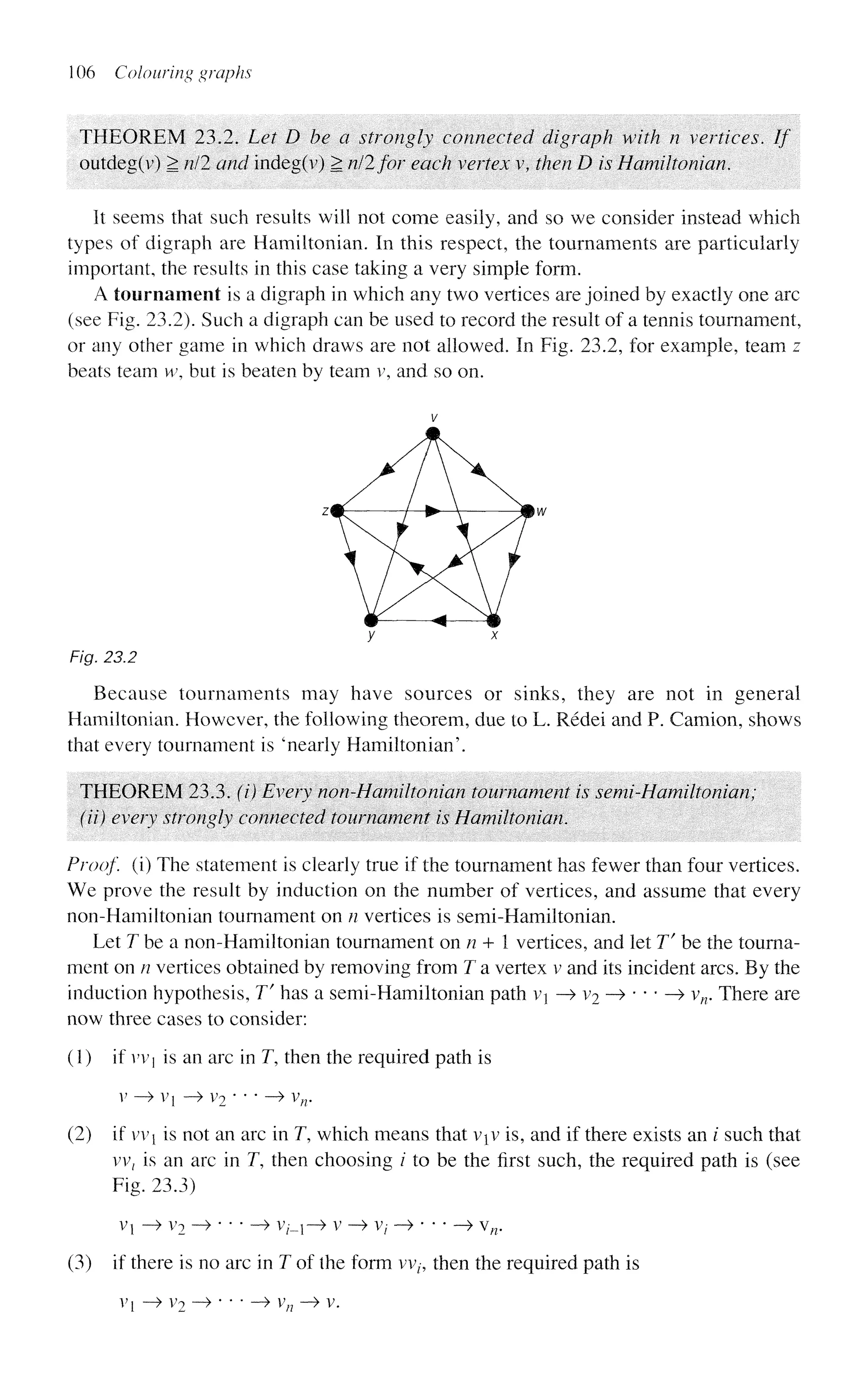 106 Colouring graphs
THEOREM 23.2. Let D he a strongly connected digraph with n vertices. If
outdeg(r) > nil and indeg(v) 2 nil for each vertex v, then D is Hamilton!an.
It seems thai such results will not come easily, and so we consider instead which
types of digraph are Hamiltonian. In this respect, the tournaments are particularly
important, the results in this case taking a very simple form.
A tournament is a digraph in which any two vertices are joined by exactly one arc
(see Fig. 23.2). Such a digraph can be used to record the result of a tennis tournament,
or any other game in which draws are not allowed. In Fig. 23.2, for example, team z
beats team w, but is beaten by team v, and so on.
Fig. 23.2
Because tournaments may have sources or sinks, they are not in general
Hamiltonian. However, the following theorem, due to L. Redei and P. Camion, shows
that every tournament is 'nearly Hamiltonian'.
THEOREM 23.3. (i) Every non-Hamiltonian tournament is semi-Hamiltonian;
(ii) every strongly connected tournament is Hamiltonian.
Proof, (i) The statement is clearly true if the tournament has fewer than four vertices.
We prove the result by induction on the number of vertices, and assume that every
non-Hamiltonian tournament on n vertices is semi-Hamiltonian.
Let T be a non-Hamiltonian tournament on n + 1 vertices, and let T be the tourna-
ment on n vertices obtained by removing from T a vertex v and its incident arcs. By the
induction hypothesis, T' has a semi-Hamiltonian path v —
> v2 -> • * * —
» vn. There are
now three cases to consider:
(1) if vvj is an arc in T, then the required path is
v->V l ->v2- • • ~^vn.
(2) if vv is not an arc in 7, which means that viv is, and if there exists an i such that
vv, is an arc in J, then choosing i to be the first such, the required path is (see
Fig. 23.3)
V] —> V2 —> ' ' ' —» V/_!-> V —> Vj --» ' ' • —> Vn.
(3) if there is no arc in T of the form vvt, then the required path is
Vi —> V2 —» * ' * —> Vn —> V.
 
