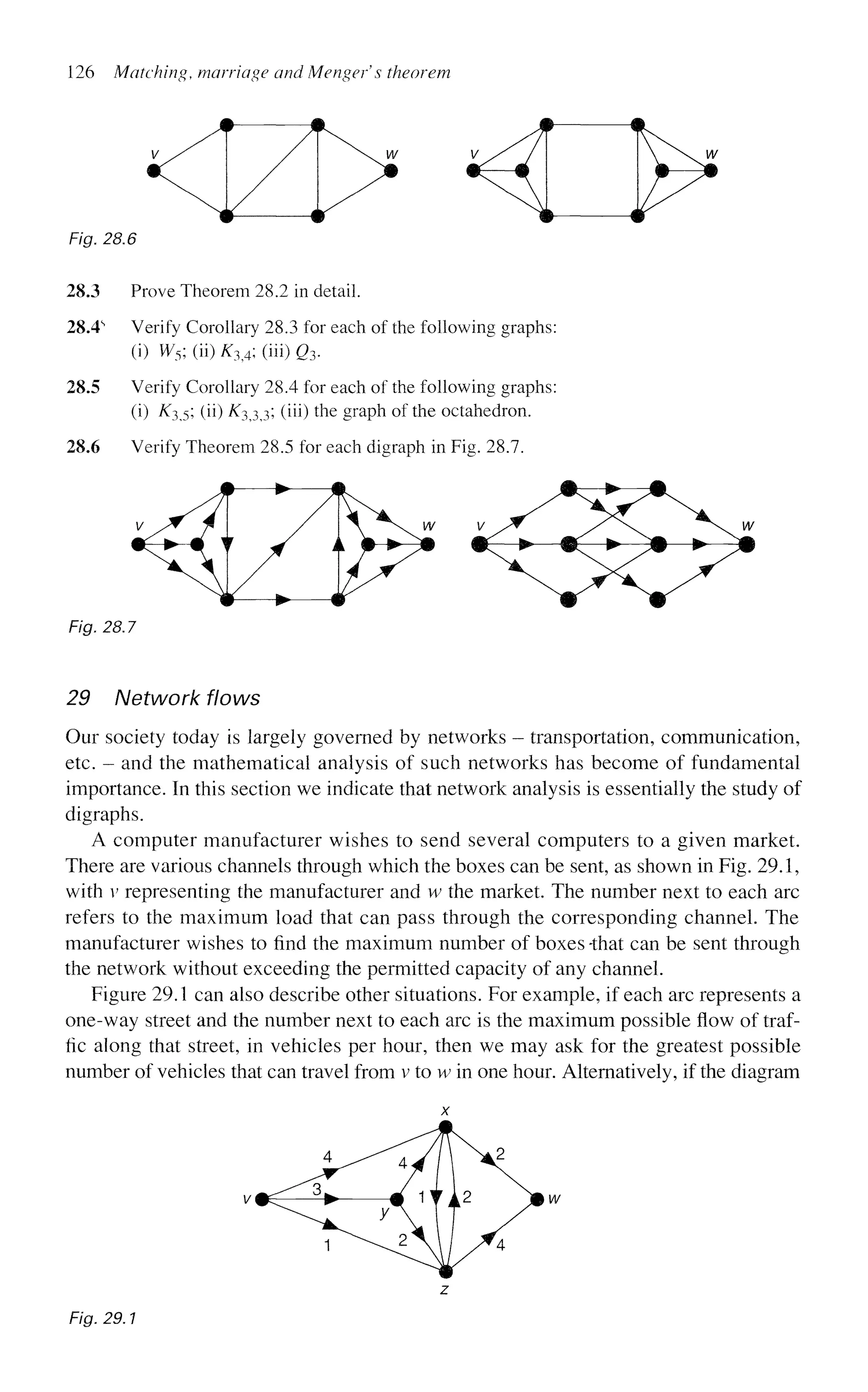 126 Matching, marriage and Metiger's theorem
Fig. 28.6
28.3 Prove Theorem 28.2 in detail.
28.4s
Verify Corollary 28.3 for each of the following graphs:
(i) W5; (ii) K3A- (hi) Q3.
28.5 Verify Corollary 28.4 for each of the following graphs:
(i) ^35; (ii) iC3 3 3; (iii) the graph of the octahedron.
28.6 Verify Theorem 28.5 for each digraph in Fig. 28.7.
Fig. 28.7
29 Network flows
Our society today is largely governed by networks - transportation, communication,
etc. - and the mathematical analysis of such networks has become of fundamental
importance. In this section we indicate that network analysis is essentially the study of
digraphs.
A computer manufacturer wishes to send several computers to a given market.
There are various channels through which the boxes can be sent, as shown in Fig. 29.1,
with v representing the manufacturer and w the market. The number next to each arc
refers to the maximum load that can pass through the corresponding channel. The
manufacturer wishes to find the maximum number of boxes -that can be sent through
the network without exceeding the permitted capacity of any channel.
Figure 29.1 can also describe other situations. For example, if each arc represents a
one-way street and the number next to each arc is the maximum possible flow of traf-
fic along that street, in vehicles per hour, then we may ask for the greatest possible
number of vehicles that can travel from v to w in one hour. Alternatively, if the diagram
Fig. 29.1
z
 