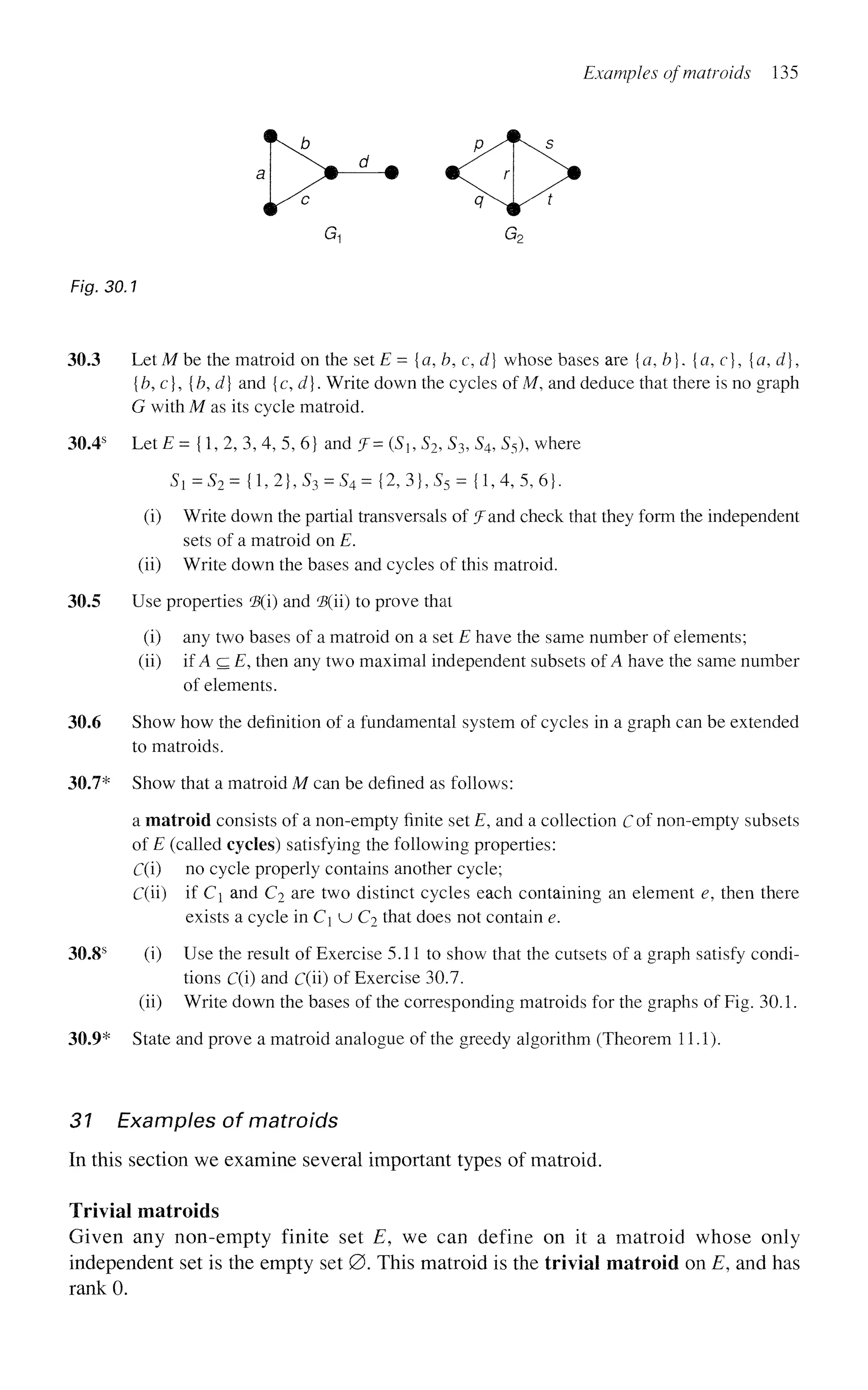 Examples of matroids 135
— • #C r
G1 G2
Fig. 30.1
30.3 Let M be the matroid on the set E = {a, h, c,d] whose bases are {a, h}. {a, c}, {a, d],
{b,c}, {b,d} and {c, d). Write down the cycles of M, and deduce that there is no graph
G with M as its cycle matroid.
30.4s
Let E = {1, 2, 3, 4, 5, 6} and J = (Si, S2, S3, S4, S5), where
Sl=S2={l,2}9S3 = S4= {2,3},S5 = {1,4,5,6}-
(i) Write down the partial transversals of f and check that they form the independent
sets of a matroid on E.
(ii) Write down the bases and cycles of this matroid.
30.5 Use properties $(i) and $(ii) to prove that
(i) any two bases of a matroid on a set E have the same number of elements;
(ii) if A c E, then any two maximal independent subsets of A have the same number
of elements.
30.6 Show how the definition of a fundamental system of cycles in a graph can be extended
to matroids.
30.7* Show that a matroid M can be defined as follows:
a matroid consists of a non-empty finite set E, and a collection C of non-empty subsets
of E (called cycles) satisfying the following properties:
C(i) no cycle properly contains another cycle;
C(ii) if C and C^ are two distinct cycles each containing an element e, then there
exists a cycle in C} u C2 that does not contain e.
30.8s
(i) Use the result of Exercise 5.11 to show that the cutsets of a graph satisfy condi-
tions C(i) and C(ii) of Exercise 30.7.
(ii) Write down the bases of the corresponding matroids for the graphs of Fig. 30.1.
30.9* State and prove a matroid analogue of the greedy algorithm (Theorem 11.1).
31 Examples of matroids
In this section we examine several important types of matroid.
Trivial matroids
Given any non-empty finite set E, we can define on it a matroid whose only
independent set is the empty set 0 . This matroid is the trivial matroid on E, and has
rank 0.
 