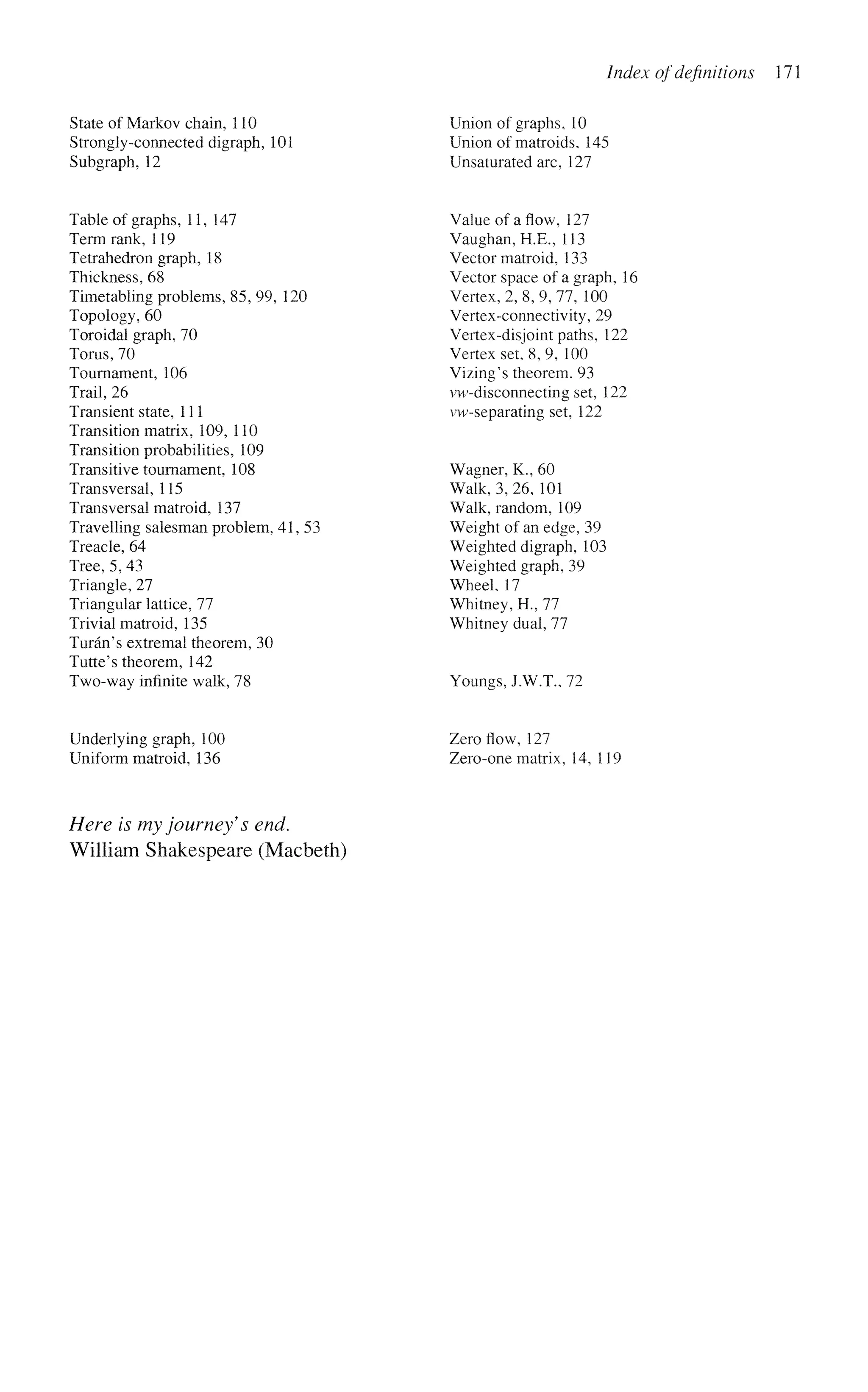 Index of definitions 171
State of Markov chain, 110
Strongly-connected digraph, 101
Subgraph, 12
Union of graphs, 10
Union of matroids, 145
Unsaturated arc, 127
Table of graphs, 11, 147
Term rank, 119
Tetrahedron graph, 18
Thickness, 68
Timetabling problems, 85, 99, 120
Topology, 60
Toroidal graph, 70
Torus, 70
Tournament, 106
Trail, 26
Transient state, 111
Transition matrix, 109, 110
Transition probabilities, 109
Transitive tournament, 108
Transversal, 115
Transversal matroid, 137
Travelling salesman problem, 41,53
Treacle, 64
Tree, 5, 43
Triangle, 27
Triangular lattice, 77
Trivial matroid, 135
Turan's extremal theorem, 30
Tutte's theorem, 142
Two-way infinite walk, 78
Value of a flow, 127
Vaughan, H.E., 113
Vector matroid, 133
Vector space of a graph, 16
Vertex, 2, 8, 9, 77, 100
Vertex-connectivity, 29
Vertex-disjoint paths, 122
Vertex set, 8, 9, 100
Vizing's theorem. 93
vw-disconnecting set, 122
vw-separating set, 122
Wagner, K., 60
Walk, 3, 26, 101
Walk, random, 109
Weight of an edge, 39
Weighted digraph, 103
Weighted graph, 39
Wheel. 17
Whitney, H., 77
Whitney dual, 77
Youngs, JW.T., 72
Underlying graph, 100
Uniform matroid, 136
Zero flow, 127
Zero-one matrix, 14, 11
Here is my journey's end.
William Shakespeare (Macbeth)
 