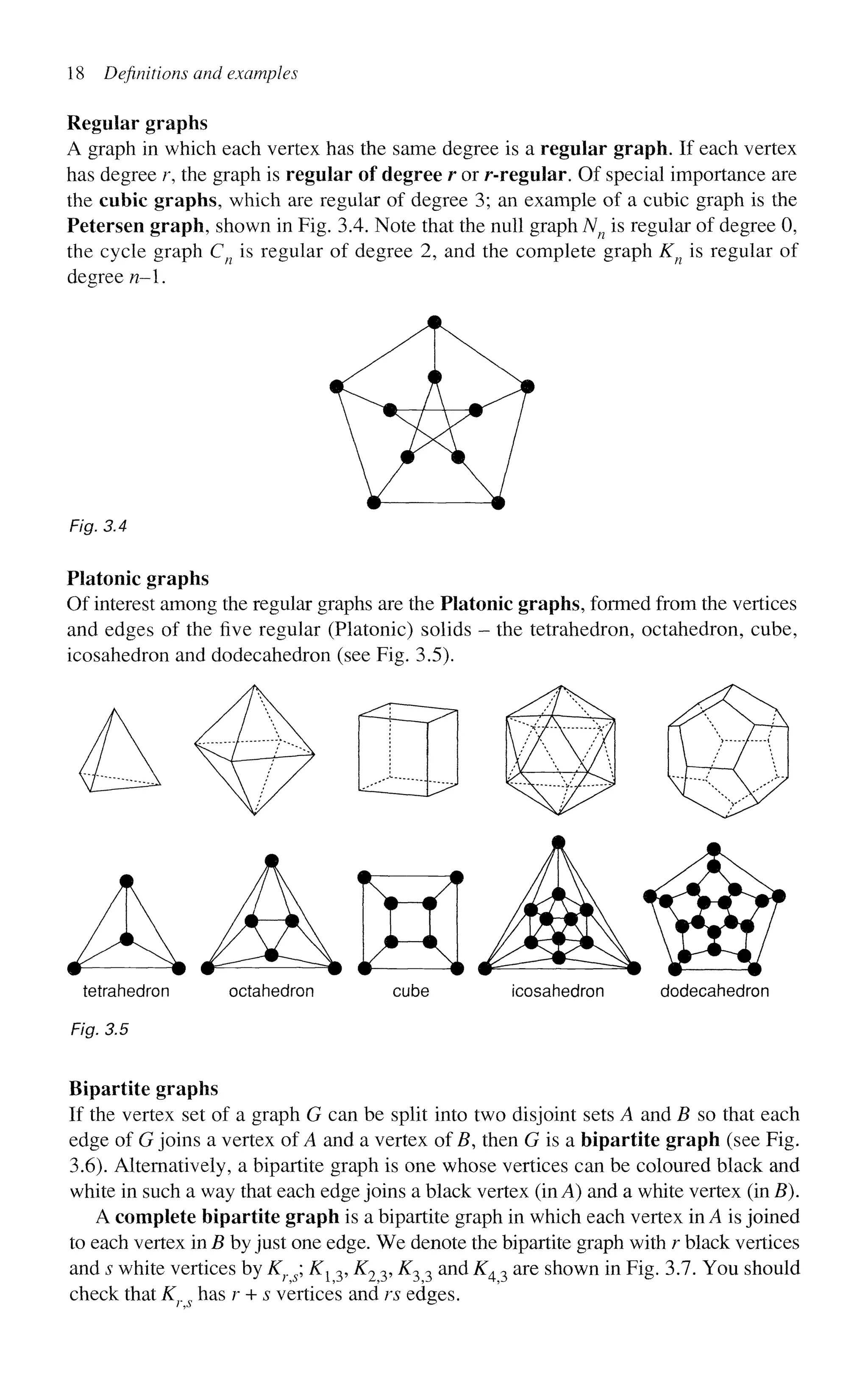18 Definitions and examples
Regular graphs
A graph in which each vertex has the same degree is a regular graph. If each vertex
has degree r, the graph is regular of degree r or r-regular. Of special importance are
the cubic graphs, which are regular of degree 3; an example of a cubic graph is the
Petersen graph, shown in Fig. 3.4. Note that the null graph Nn is regular of degree 0,
the cycle graph Cn is regular of degree 2, and the complete graph Kn is regular of
degree n~.
#
Fig. 3.4
Platonic graphs
Of interest among the regular graphs are the Platonic graphs, formed from the vertices
and edges of the five regular (Platonic) solids - the tetrahedron, octahedron, cube,
icosahedron and dodecahedron (see Fig. 3.5).
tetrahedron octahedron cube icosahedron dodecahedron
Fig. 3.5
Bipartite graphs
If the vertex set of a graph G can be split into two disjoint sets A and B so that each
edge of G joins a vertex of A and a vertex of B, then G is a bipartite graph (see Fig.
3.6). Alternatively, a bipartite graph is one whose vertices can be coloured black and
white in such a way that each edge joins a black vertex (in A) and a white vertex (in B).
A complete bipartite graph is a bipartite graph in which each vertex in A is joined
to each vertex in B by just one edge. We denote the bipartite graph with r black vertices
and s white vertices by Kr s; K{ 3, K2 3, K3 3 and K4 3 are shown in Fig. 3.7. You should
check that Kr s has r + s vertices and rs edges.
 