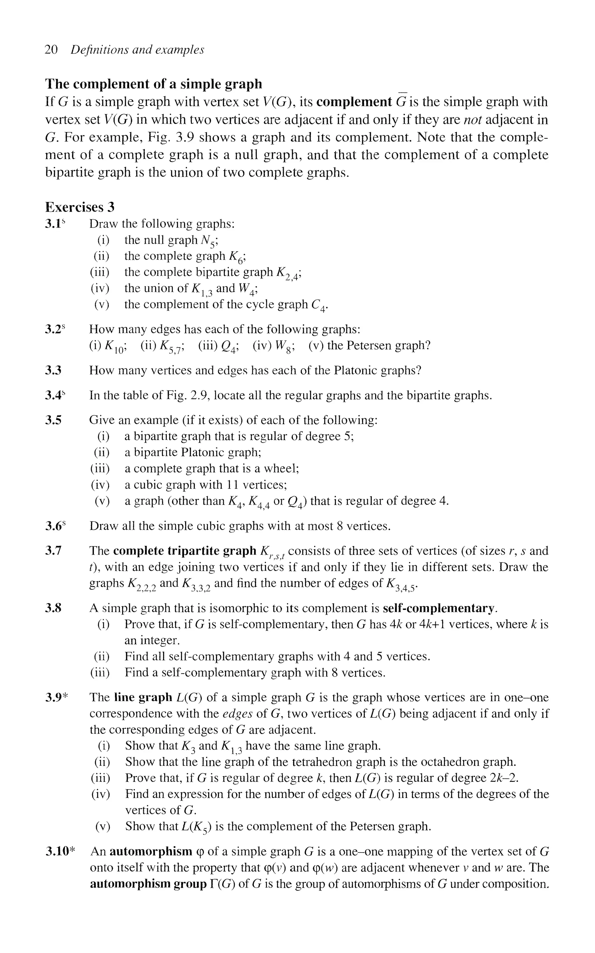 20 Definitions and examples
The complement of a simple graph
If G is a simple graph with vertex set V(G), its complement G is the simple graph with
vertex set V(G) in which two vertices are adjacent if and only if they are not adjacent in
G. For example, Fig. 3.9 shows a graph and its complement. Note that the comple-
ment of a complete graph is a null graph, and that the complement of a complete
bipartite graph is the union of two complete graphs.
Exercises 3
3.1s
Draw the following graphs:
(i) the null graph N5;
(ii) the complete graph K6;
(iii) the complete bipartite graph K7 4;
(iv) the union of Kl 3 and W4;
(v) the complement of the cycle graph C4.
3.2s
How many edges has each of the following graphs:
(i)Kl0; (ii)K57; (iii) Q4; (iv) W8; (v) the Petersen graph?
3.3 How many vertices and edges has each of the Platonic graphs?
3.4s
In the table of Fig. 2.9, locate all the regular graphs and the bipartite graphs.
3.5 Give an example (if it exists) of each of the following:
(i) a bipartite graph that is regular of degree 5;
(ii) a bipartite Platonic graph;
(iii) a complete graph that is a wheel;
(iv) a cubic graph with 11 vertices;
(v) a graph (other than K4, K4 4 or Q4) that is regular of degree 4.
3.6s
Draw all the simple cubic graphs with at most 8 vertices.
3.7 The complete tripartite graph Kr s t consists of three sets of vertices (of sizes r, s and
0, with an edge joining two vertices if and only if they lie in different sets. Draw the
graphs K? 2 2 and K332 and find the number of edges of K345.
3.8 A simple graph that is isomorphic to its complement is self-complementary.
(i) Prove that, if G is self-complementary, then G has 4k or 4&+1 vertices, where k is
an integer,
(ii) Find all self-complementary graphs with 4 and 5 vertices,
(iii) Find a self-complementary graph with 8 vertices.
3.9* The line graph L(G) of a simple graph G is the graph whose vertices are in one-one
correspondence with the edges of G, two vertices of L(G) being adjacent if and only if
the corresponding edges of G are adjacent,
(i) Show that K3 and Kx 3 have the same line graph.
(ii) Show that the line graph of the tetrahedron graph is the octahedron graph,
(iii) Prove that, if G is regular of degree k, then L(G) is regular of degree 2fc-2.
(iv) Find an expression for the number of edges of L(G) in terms of the degrees of the
vertices of G.
(v) Show that L(K5) is the complement of the Petersen graph.
3.10* An automorphism q
> of a simple graph G is a one-one mapping of the vertex set of G
onto itself with the property that cp(v) and cp(w) are adjacent whenever v and w are. The
automorphism group T(G) of G is the group of automorphisms of G under composition.
 