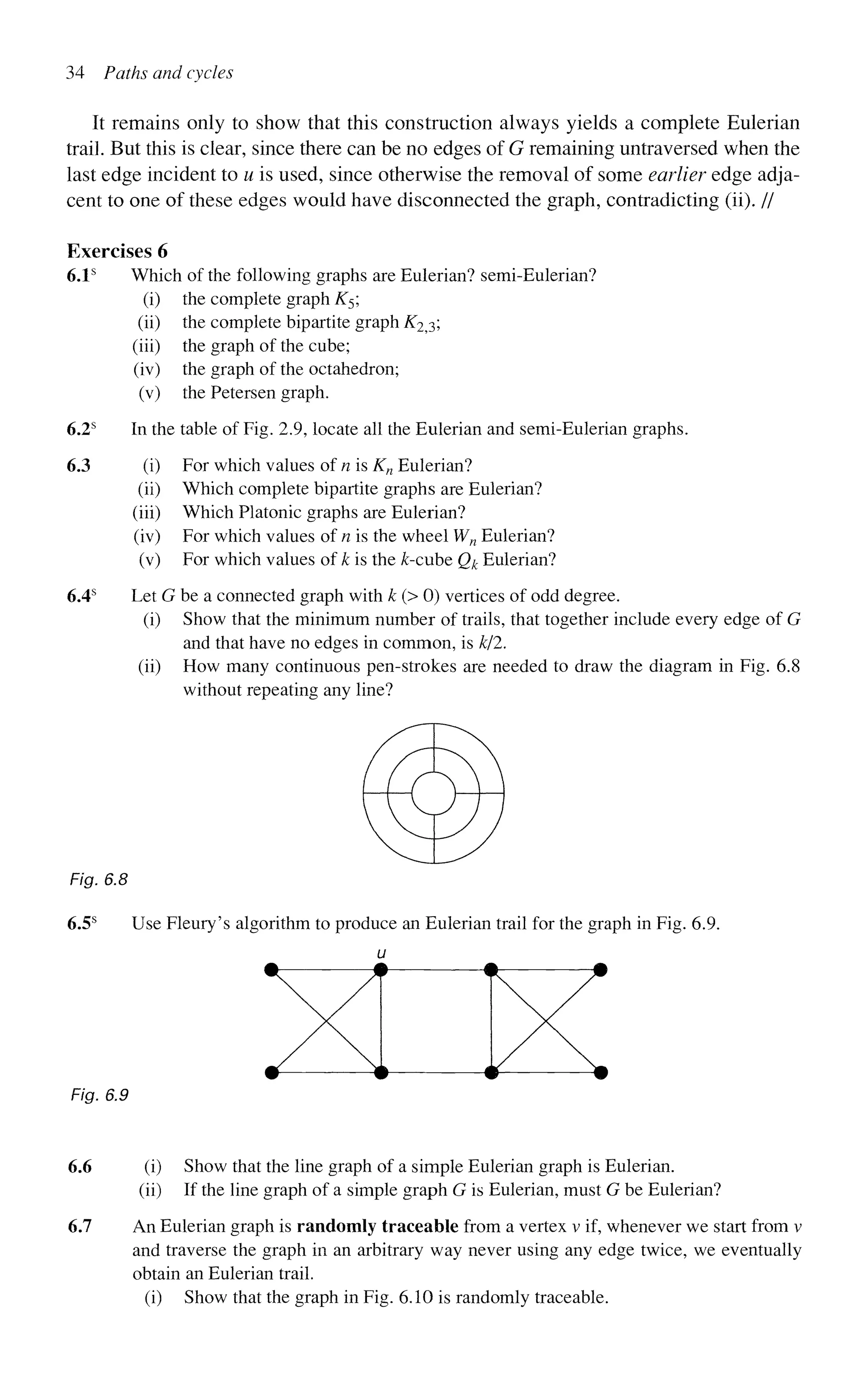 34 Paths and cycles
It remains only to show that this construction always yields a complete Eulerian
trail. But this is clear, since there can be no edges of G remaining untraversed when the
last edge incident to u is used, since otherwise the removal of some earlier edge adja-
cent to one of these edges would have disconnected the graph, contradicting (ii). //
Exercises 6
6.1s
Which of the following graphs are Eulerian? semi-Eulerian?
(i) the complete graph K5;
(ii) the complete bipartite graph K2^;
(iii) the graph of the cube;
(iv) the graph of the octahedron;
(v) the Petersen graph.
6.2s
In the table of Fig. 2.9, locate all the Eulerian and semi-Eulerian graphs.
6.3 (i) For which values of n is Kn Eulerian?
(ii) Which complete bipartite graphs are Eulerian?
(iii) Which Platonic graphs are Eulerian?
(iv) For which values of n is the wheel Wn Eulerian?
(v) For which values of k is the &-cube Qk Eulerian?
6.4s
Let G be a connected graph with k (> 0) vertices of odd degree.
(i) Show that the minimum number of trails, that together include every edge of G
and that have no edges in common, is k/2.
(ii) How many continuous pen-strokes are needed to draw the diagram in Fig. 6.8
without repeating any line?
Fig. 6.8
6.5s
Use Fleury's algorithm to produce an Eulerian trail for the graph in Fig. 6.9.
u
Fig. 6.9
6.6 (i) Show that the line graph of a simple Eulerian graph is Eulerian.
(ii) If the line graph of a simple graph G is Eulerian, must G be Eulerian?
6.7 An Eulerian graph is randomly traceable from a vertex v if, whenever we start from v
and traverse the graph in an arbitrary way never using any edge twice, we eventually
obtain an Eulerian trail.
(i) Show that the graph in Fig. 6.10 is randomly traceable.
 