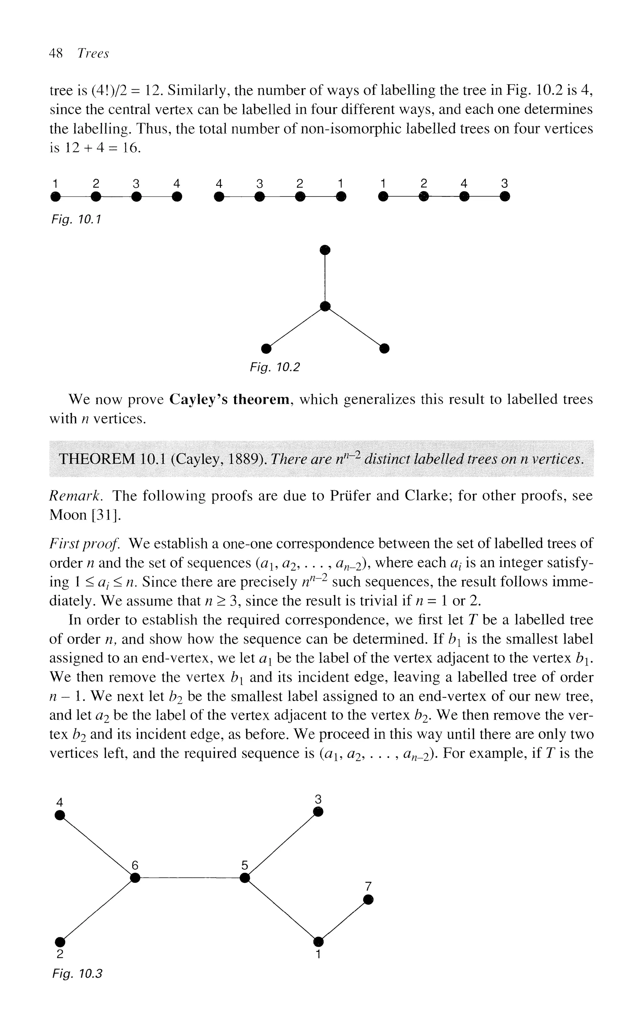 48 Trees
tree is (4!)/2 = 12. Similarly, the number of ways of labelling the tree in Fig. 10.2 is 4,
since the central vertex can be labelled in four different ways, and each one determines
the labelling. Thus, the total number of non-isomorphic labelled trees on four vertices
is 12 + 4= 16.
1 2 3 4 4 3 2 1 1 2 4 3
m—•—•—• • — • — • — • • — # — • — •
Fig. 10.1
Fig. 10.2
We now prove Cayley's theorem, which generalizes this result to labelled trees
with n vertices.
THEOREM 10.1 (Cayley, 1889). There are nn
~2
distinct labelled trees on n vertices.
Remark. The following proofs are due to Priifer and Clarke; for other proofs, see
Moon [31].
First proof. We establish a one-one correspondence between the set of labelled trees of
order n and the set of sequences (a, a2, ... , an__2), where each a^ is an integer satisfy-
ing 1 < a < n. Since there are precisely nn
"2
such sequences, the result follows imme-
diately. We assume that n > 3, since the result is trivial if n = 1 or 2.
In order to establish the required correspondence, we first let J be a labelled tree
of order n, and show how the sequence can be determined. If b is the smallest label
assigned to an end-vertex, we let a be the label of the vertex adjacent to the vertex b.
We then remove the vertex b and its incident edge, leaving a labelled tree of order
n-. We next let h2 be the smallest label assigned to an end-vertex of our new tree,
and let a2 be the label of the vertex adjacent to the vertex b2. We then remove the ver-
tex b2 and its incident edge, as before. We proceed in this way until there are only two
vertices left, and the required sequence is {a, a2, . . . , an_2). For example, if T is the
4 3
 6
2
Fig. 10.3
1
 