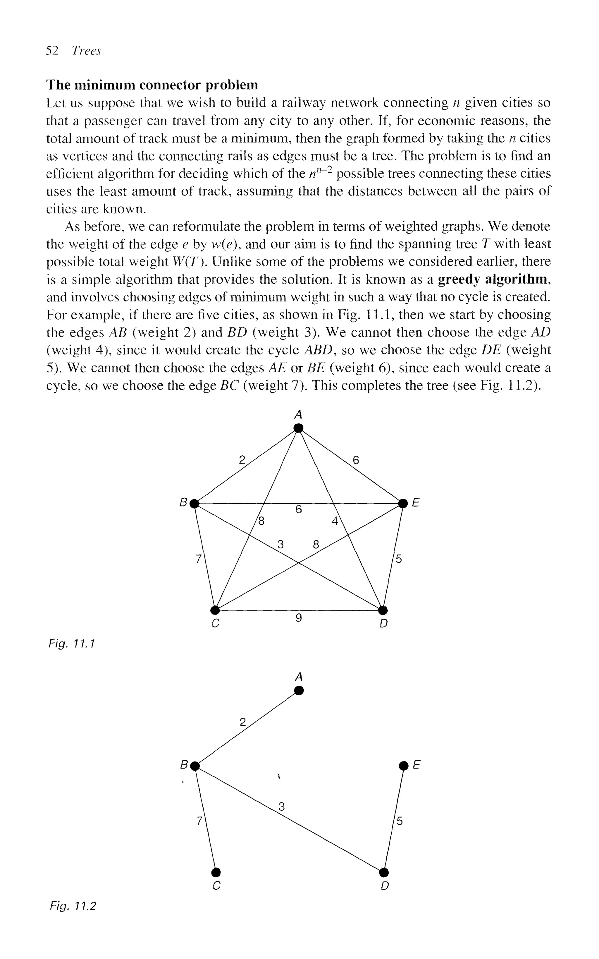 52 Trees
The minimum connector problem
Let us suppose that we wish to build a railway network connecting n given cities so
that a passenger can travel from any city to any other. If, for economic reasons, the
total amount of track must be a minimum, then the graph formed by taking the n cities
as vertices and the connecting rails as edges must be a tree. The problem is to find an
efficient algorithm for deciding which of the nn
~~2
possible trees connecting these cities
uses the least amount of track, assuming that the distances between all the pairs of
cities are known.
As before, we can reformulate the problem in terms of weighted graphs. We denote
the weight of the edge e by w(e), and our aim is to find the spanning tree T with least
possible total weight W(T). Unlike some of the problems we considered earlier, there
is a simple algorithm that provides the solution. It is known as a greedy algorithm,
and involves choosing edges of minimum weight in such a way that no cycle is created.
For example, if there are five cities, as shown in Fig. 11.1, then we start by choosing
the edges AB (weight 2) and BD (weight 3). We cannot then choose the edge AD
(weight 4), since it would create the cycle ABD, so we choose the edge DE (weight
5). We cannot then choose the edges AE or BE (weight 6), since each would create a
cycle, so we choose the edge BC (weight 7). This completes the tree (see Fig. 11.2).
Fig. 11.1
C D
Fig. 11.2
 