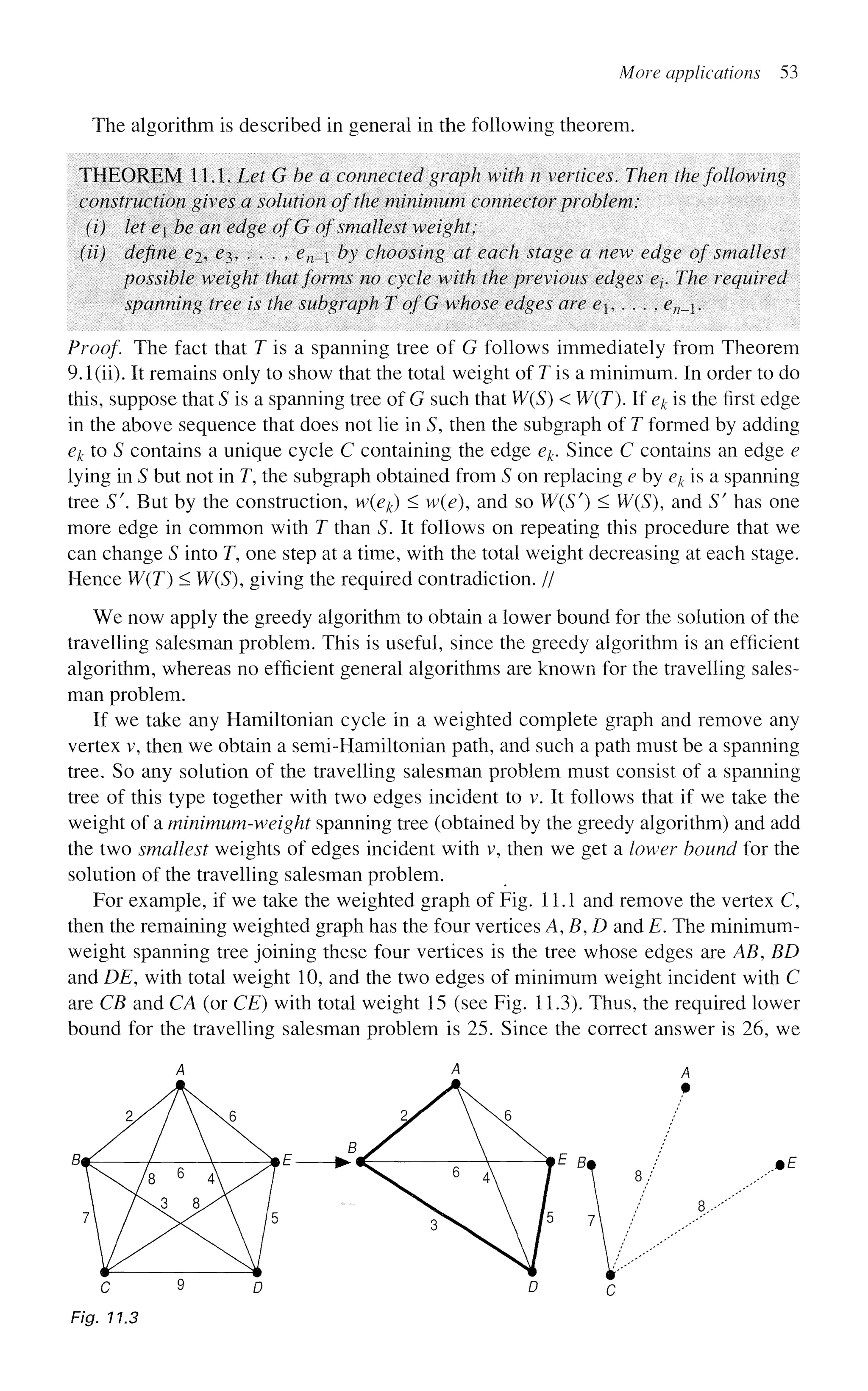 More applications 53
The algorithm is described in general in the following theorem.
THEOREM 11.1. Let G be a connected graph with n vertices. Then the following
construction gives a solution of the minimum connector problem:
(i) let e be an edge ofG of smallest weight;
(ii) define ei, e?>, . . . , en_ by choosing at each stage a new edge of smallest
possible weight that forms no cycle with the previous edges er The required
spanning tree is the subgraph TofG whose edges are <?],..., en_.
Proof. The fact that T is a spanning tree of G follows immediately from Theorem
9.1(ii). It remains only to show that the total weight of T is a minimum. In order to do
this, suppose that S is a spanning tree of G such that W(S) < W(T). If ek is the first edge
in the above sequence that does not lie in S, then the subgraph of T formed by adding
ek to S contains a unique cycle C containing the edge ek. Since C contains an edge e
lying in S but not in T, the subgraph obtained from S on replacing e by ek is a spanning
tree 5". But by the construction, w(ek) < w(e), and so W(S') < W(S), and S' has one
more edge in common with T than S. It follows on repeating this procedure that we
can change S into 7, one step at a time, with the total weight decreasing at each stage.
Hence W(T) < W(S), giving the required contradiction. //
We now apply the greedy algorithm to obtain a lower bound for the solution of the
travelling salesman problem. This is useful, since the greedy algorithm is an efficient
algorithm, whereas no efficient general algorithms are known for the travelling sales-
man problem.
If we take any Hamiltonian cycle in a weighted complete graph and remove any
vertex v, then we obtain a semi-Hamiltonian path, and such a path must be a spanning
tree. So any solution of the travelling salesman problem must consist of a spanning
tree of this type together with two edges incident to v. It follows that if we take the
weight of a minimum-weight spanning tree (obtained by the greedy algorithm) and add
the two smallest weights of edges incident with v, then we get a lower bound for the
solution of the travelling salesman problem.
For example, if we take the weighted graph of Fig. 11.1 and remove the vertex C,
then the remaining weighted graph has the four vertices A,B,D and E. The minimum-
weight spanning tree joining these four vertices is the tree whose edges are AB, BD
and DE, with total weight 10, and the two edges of minimum weight incident with C
are CB and CA (or CE) with total weight 15 (see Fig. 11.3). Thus, the required lower
bound for the travelling salesman problem is 25. Since the correct answer is 26, we
*E
 