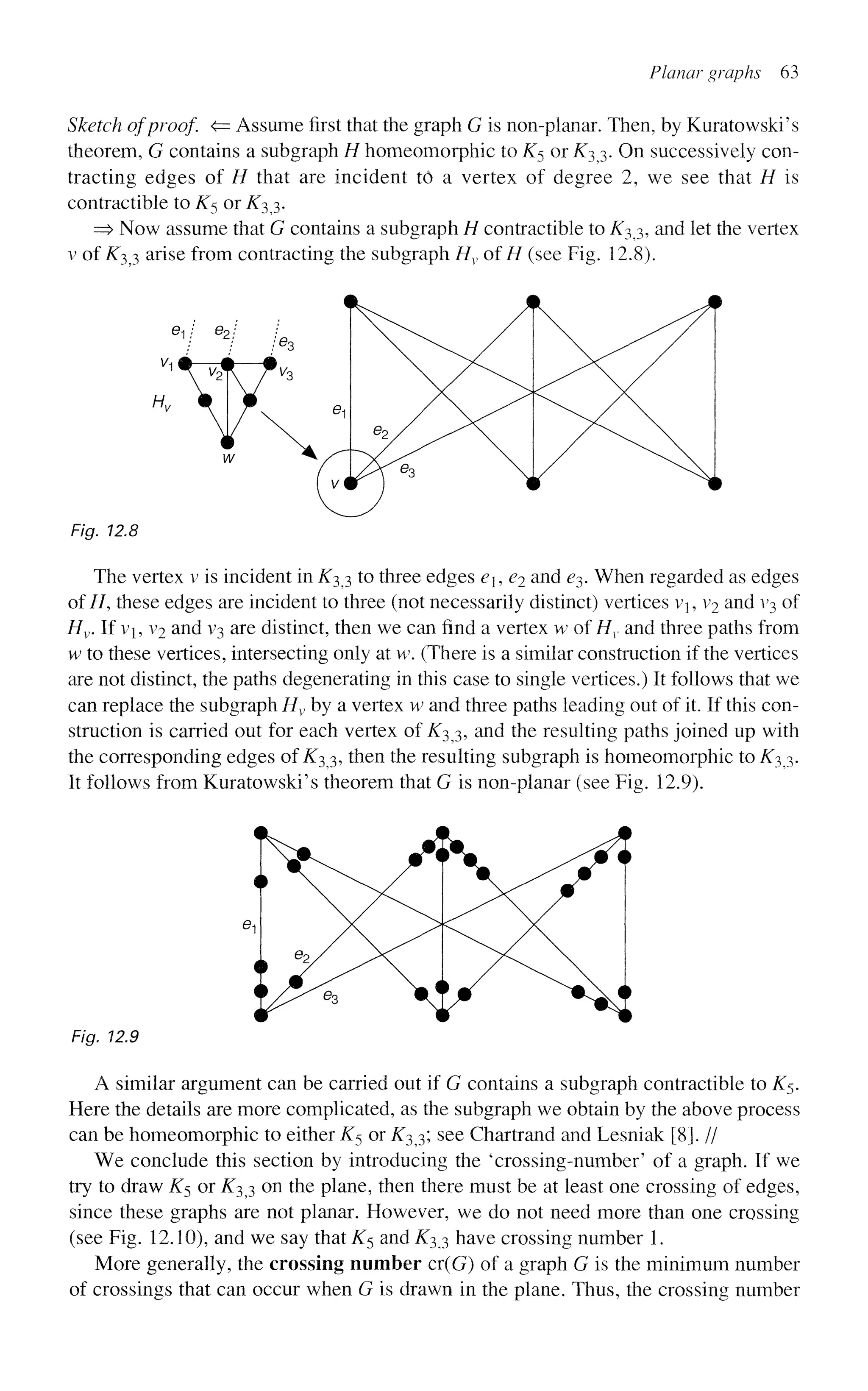 Planar graphs 63
Sketch ofproof. <= Assume first that the graph G is non-planar. Then, by Kuratowski's
theorem, G contains a subgraph H homeomorphic to K$ or ^33. On successively con-
tracting edges of H that are incident td a vertex of degree 2, we see that H is
contractible to K$ or ^33.
=> Now assume that G contains a subgraph H contractible to K3?3, and let the vertex
v of i^3 3 arise from contracting the subgraph Hv of H (see Fig. 12.8).
Fig. 12.8
The vertex v is incident in ^33 to three edges e, ^2 an
d £3. When regarded as edges
of//, these edges are incident to three (not necessarily distinct) vertices v1? v2 and v3 of
Hv. If vi, v2 and V
3 are distinct, then we can find a vertex w of Hv and three paths from
w to these vertices, intersecting only at w. (There is a similar construction if the vertices
are not distinct, the paths degenerating in this case to single vertices.) It follows that we
can replace the subgraph Hv by a vertex w and three paths leading out of it. If this con-
struction is carried out for each vertex of K^3, and the resulting paths joined up with
the corresponding edges of K^3, then the resulting subgraph is homeomorphic to ^33.
It follows from Kuratowski's theorem that G is non-planar (see Fig. 12.9).
Fig. 12.9
A similar argument can be carried out if G contains a subgraph contractible to ^5.
Here the details are more complicated, as the subgraph we obtain by the above process
can be homeomorphic to either K5 or ^33; see Chartrand and Lesniak [8]. //
We conclude this section by introducing the 'crossing-number' of a graph. If we
try to draw £5 or £33 on the plane, then there must be at least one crossing of edges,
since these graphs are not planar. However, we do not need more than one crossing
(see Fig. 12.10), and we say that K$ and iT33 have crossing number 1.
More generally, the crossing number cr(G) of a graph G is the minimum number
of crossings that can occur when G is drawn in the plane. Thus, the crossing number
 