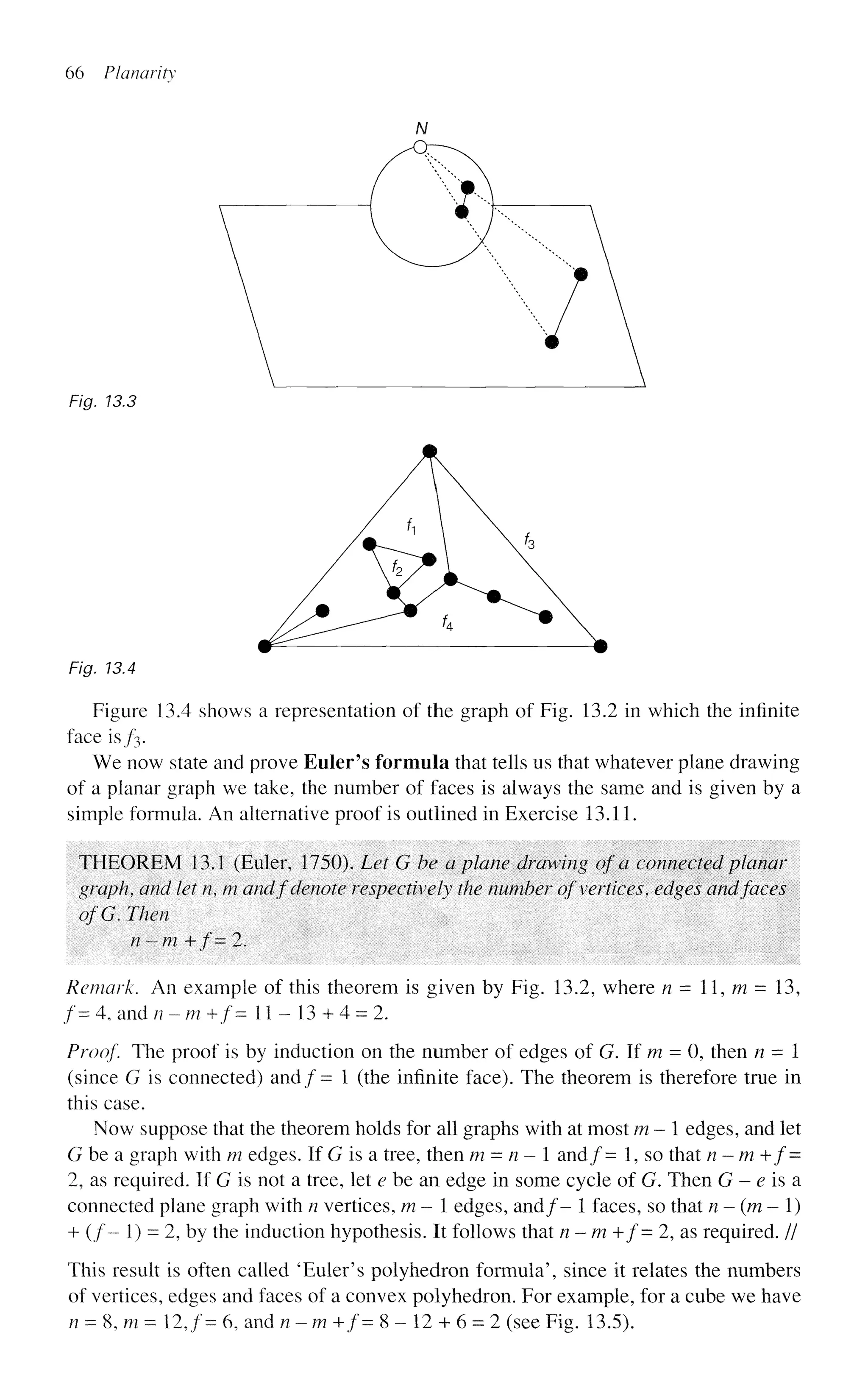 66 Planarity
Fig. 13.3
Fig. 13.4
Figure 13.4 shows a representation of the graph of Fig. 13.2 in which the infinite
face is/3.
We now state and prove Euler's formula that tells us that whatever plane drawing
of a planar graph we take, the number of faces is always the same and is given by a
simple formula. An alternative proof is outlined in Exercise 13.11.
THEOREM 13.1 (Euler, 1750). Let G be a plane drawing of a connected planar
graph, and let n, m andf denote respectively the number of vertices, edges and faces
of'G. Then
n-m+f= 2.
Remark. An example of this theorem is given by Fig. 13.2, where n = 11, m = 13,
/ = 4, and n - m +/= 11-13 + 4 = 2.
Proof. The proof is by induction on the number of edges of G. If m = 0, then n = 1
(since G is connected) and/= 1 (the infinite face). The theorem is therefore true in
this case.
Now suppose that the theorem holds for all graphs with at most m— edges, and let
G be a graph with m edges. If G is a tree, then m = n- and/= 1, so that n — m+f =
2, as required. If G is not a tree, let e be an edge in some cycle of G. Then G - e is a
connected plane graph with n vertices, m— edges, and/- 1 faces, so that n-(m—l)
+ ( / - 1) = 2, by the induction hypothesis. It follows that n-m +/= 2, as required. //
This result is often called 'Euler's polyhedron formula', since it relates the numbers
of vertices, edges and faces of a convex polyhedron. For example, for a cube we have
n = 8, m = 12,/= 6, and n - m +/= 8-12 + 6 = 2 (see Fig. 13.5).
 