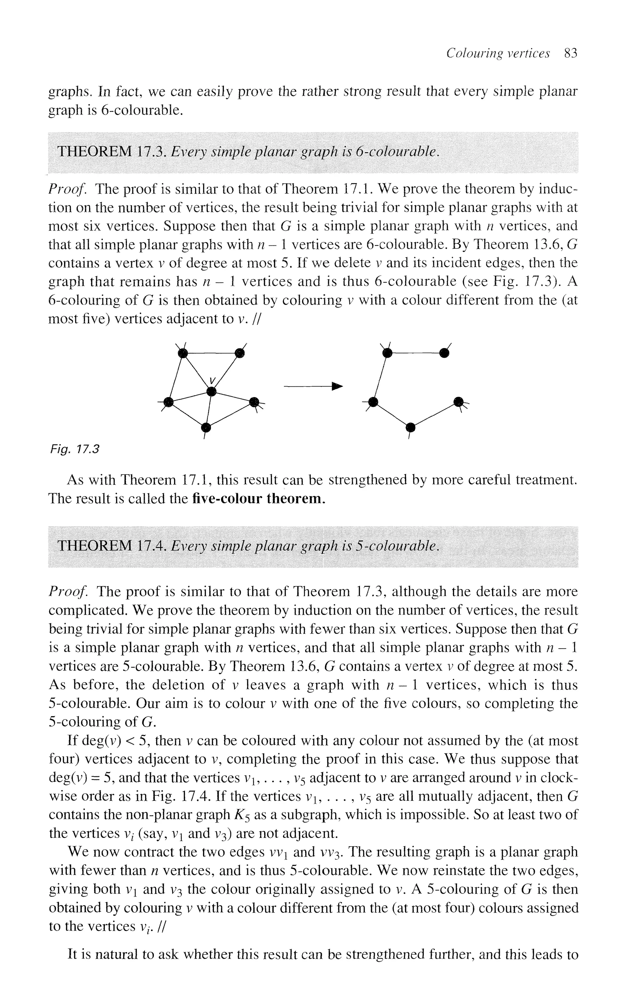 Colouring vertices 83
graphs. In fact, we can easily prove the rather strong result that every simple planar
graph is 6-colourable.
THEOREM 17.3. Every simple planar graph is 6-colourable.
Proof. The proof is similar to that of Theorem 17.1. We prove the theorem by induc-
tion on the number of vertices, the result being trivial for simple planar graphs with at
most six vertices. Suppose then that G is a simple planar graph with n vertices, and
that all simple planar graphs with n- vertices are 6-colourable. By Theorem 13.6, G
contains a vertex v of degree at most 5. If we delete v and its incident edges, then the
graph that remains has n - 1 vertices and is thus 6-colourable (see Fig. 17.3). A
6-colouring of G is then obtained by colouring v with a colour different from the (at
most five) vertices adjacent to v. //
Fig. 17.3
As with Theorem 17.1, this result can be strengthened by more careful treatment.
The result is called the five-colour theorem.
THEOREM 17.4. Every simple planar graph is 5-colourable.
Proof. The proof is similar to that of Theorem 17.3, although the details are more
complicated. We prove the theorem by induction on the number of vertices, the result
being trivial for simple planar graphs with fewer than six vertices. Suppose then that G
is a simple planar graph with n vertices, and that all simple planar graphs with n-
vertices are 5-colourable. By Theorem 13.6, G contains a vertex v of degree at most 5.
As before, the deletion of v leaves a graph with n —  vertices, which is thus
5-colourable. Our aim is to colour v with one of the five colours, so completing the
5-colouring of G.
If deg(v) < 5, then v can be coloured with any colour not assumed by the (at most
four) vertices adjacent to v, completing the proof in this case. We thus suppose that
deg(v) = 5, and that the vertices v1 ? ..., V
5 adjacent to v are arranged around v in clock-
wise order as in Fig. 17.4. If the vertices v1? . . . , v5 are all mutually adjacent, then G
contains the non-planar graph ^5 as a subgraph, which is impossible. So at least two of
the vertices V; (say, vi and V3) are not adjacent.
We now contract the two edges vvi and W3. The resulting graph is a planar graph
with fewer than n vertices, and is thus 5-colourable. We now reinstate the two edges,
giving both vi and V3 the colour originally assigned to v. A 5-colouring of G is then
obtained by colouring v with a colour different from the (at most four) colours assigned
to the vertices vz-. //
It is natural to ask whether this result can be strengthened further, and this leads to
 