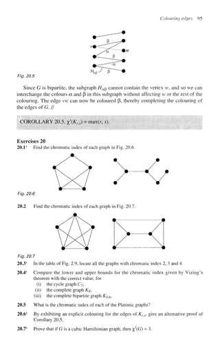 Colouring edges 95
Since G is bipartite, the subgraph Ha$ cannot contain the vertex w, and so we can
interchange the colours a and (3 in this subgraph without affecting w or the rest of the
colouring. The edge vw can now be coloured p, thereby completing the colouring of
the edges of G. II
COROLLARY 20.5. %'(KrJ = max(r, s).
Exercises 20
20.1s
Find the chromatic index of each graph in Fig. 20.6.
Fig. 20.6
20.2 Find the chromatic index of each graph in Fig. 20.7.
Fig. 20.7
20.3s
In the table of Fig. 2.9, locate all the graphs with chromatic index 2, 3 and 4.
20.4s
Compare the lower and upper bounds for the chromatic index given by Vizing's
theorem with the correct value, for
(i) the cycle graph C7;
(ii) the complete graph K%;
(iii) the complete bipartite graph K46.
20.5 What is the chromatic index of each of the Platonic graphs?
20.6s
By exhibiting an explicit colouring for the edges of Kns, give an alternative proof of
Corollary 20.5.
20.7s
Prove that if G is a cubic Hamiltonian graph, then %(G) = 3.
 