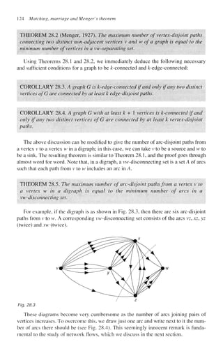 124 Matching, marriage and Menger's theorem
THEOREM 28.2 (Menger. 1927). The maximum number of vertex-disjoint paths
connecting two distinct non-adjacent vertices v and w of a graph is equal to the
minimum number of vertices in a vw-separating set.
Using Theorems 28.1 and 28.2, we immediately deduce the following necessary
and sufficient conditions for a graph to be ^-connected and £-edge-connected:
COROLLARY 28.3. A graph G is k-edge-connected if and only if any two distinct
vertices of'G are connected by at least k edge-disjoint paths.
COROLLARY 28.4. A graph G with at least k + 1 vertices is k-connected if and
only if any two distinct vertices of G are connected by at least k vertex-disjoint
paths.
The above discussion can be modified to give the number of arc-disjoint paths from
a vertex v to a vertex w in a digraph; in this case, we can take v to be a source and w to
be a sink. The resulting theorem is similar to Theorem 28.1, and the proof goes through
almost word for word. Note that, in a digraph, a vw-disconnecting set is a set A of arcs
such that each path from v to w includes an arc in A.
THEOREM 28.5. The maximum number of arc-disjoint paths from a vertex v to
a vertex w in a digraph is equal to the minimum number of arcs in a
vw-disc'onnecting set.
For example, if the digraph is as shown in Fig. 28.3, then there are six arc-disjoint
paths from v to w. A corresponding iw-disconnecting set consists of the arcs vz, xz, yz
(twice) and xw (twice).
Fig. 28.3
These diagrams become very cumbersome as the number of arcs joining pairs of
vertices increases. To overcome this, we draw just one arc and write next to it the num-
ber of arcs there should be (see Fig. 28.4). This seemingly innocent remark is funda-
mental to the study of network flows, which we discuss in the next section.
 