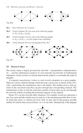 126 Matching, marriage and Metiger's theorem
Fig. 28.6
28.3 Prove Theorem 28.2 in detail.
28.4s
Verify Corollary 28.3 for each of the following graphs:
(i) W5; (ii) K3A- (hi) Q3.
28.5 Verify Corollary 28.4 for each of the following graphs:
(i) ^35; (ii) iC3 3 3; (iii) the graph of the octahedron.
28.6 Verify Theorem 28.5 for each digraph in Fig. 28.7.
Fig. 28.7
29 Network flows
Our society today is largely governed by networks - transportation, communication,
etc. - and the mathematical analysis of such networks has become of fundamental
importance. In this section we indicate that network analysis is essentially the study of
digraphs.
A computer manufacturer wishes to send several computers to a given market.
There are various channels through which the boxes can be sent, as shown in Fig. 29.1,
with v representing the manufacturer and w the market. The number next to each arc
refers to the maximum load that can pass through the corresponding channel. The
manufacturer wishes to find the maximum number of boxes -that can be sent through
the network without exceeding the permitted capacity of any channel.
Figure 29.1 can also describe other situations. For example, if each arc represents a
one-way street and the number next to each arc is the maximum possible flow of traf-
fic along that street, in vehicles per hour, then we may ask for the greatest possible
number of vehicles that can travel from v to w in one hour. Alternatively, if the diagram
Fig. 29.1
z
 