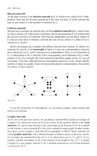 136 Matroids
Discrete matroids
At the other extreme is the discrete matroid on E, in which every subset of E is inde-
pendent. Note that the discrete matroid on E has only one base, E itself, and that the
rank of any subset A is the number of elements in A.
Uniform matroids
The previous examples are special cases of the ^-uniform matroid on E, whose bases
are those subsets of E with exactly k elements; the trivial matroid on E is 0-uniform and
the discrete matroid is E-uniform. Note that the independent sets are those subsets of
E with not more than k elements, and that the rank of any subset A is either A or k,
whichever is smaller.
Before developing the examples described in the previous section, we define two
matroids M and M2 to be isomorphic if there is a one-one correspondence between
their underlying sets E and E2 that preserves independence. Thus, a set of elements of
E[ is independent in M if and only if the corresponding set of elements of E2 is inde-
pendent in M2. For example, the cycle matroids of the three graphs in Fig. 31.1 are all
isomorphic. Note that, although matroid isomorphism preserves cycles, cutsets and the
number of edges in a graph, it does not necessarily preserve connectedness, the number
of vertices, or their degrees.
Fig. 31.1
Using this definition of isomorphism, we can define graphic, representable and
transversal matroids.
Graphic matroids
As we saw in the previous section, we can define a matroid M(G) on the set of edges of
a graph G by taking the cycles of G as the cycles of the matroid. M(G) is the cycle
matroid of G and its rank function is the cutset rank ^ (see Exercise 9.12). It is natural
to ask whether a given matroid M is the cycle matroid of some graph; in other words,
does there exists a graph G such that M is isomorphic to M(G)1 Such matroids are
called graphic matroids, and a characterization of them is given in the next section.
For example, the matroid M on the set {1, 2, 3} whose bases are {1,2}, and {1,3} is a
graphic matroid isomorphic to the cycle matroid of the graph in Fig. 31.2. A simple
example of a non-graphic matroid is the 2-uniform matroid on a set of four elements
(see Exercise 30.3).
 