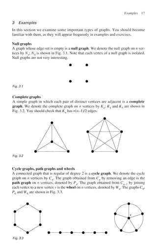 Examples 17
3 Examples
In this section we examine some important types of graphs. You should become
familiar with them, as they will appear frequently in examples and exercises.
Null graphs
A graph whose edge-set is empty is a null graph. We denote the null graph on n ver-
tices by Nn N4 is shown in Fig. 3.1. Note that each vertex of a null graph is isolated.
Null graphs are not very interesting.
Fig. 3.1
Complete graphs
A simple graph in which each pair of distinct vertices are adjacent is a complete
graph. We denote the complete graph on n vertices by Kn; K4 and K5 are shown in
Fig. 3.2. You should check that Kn has n(n—l)/2 edges.
Fig. 3.2
Cycle graphs, path graphs and wheels
A connected graph that is regular of degree 2 is a cycle graph. We denote the cycle
graph on n vertices by Cn. The graph obtained from Cn by removing an edge is the
path graph on n vertices, denoted by Pn. The graph obtained from Cn_l by joining
each vertex to a new vertex v is the wheel on n vertices, denoted by W . The graphs C6,
P6 and W6 are shown in Fig. 3.3.
Fig. 3.3
 