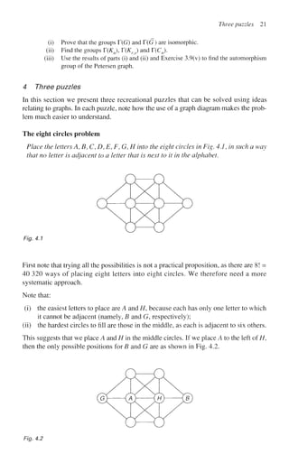 Three puzzles 21
(i) Prove that the groups T(G) and T(G) are isomorphic,
(ii) Find the groups T(Kn), T(Krs) and T(Cn).
(iii) Use the results of parts (i) and (ii) and Exercise 3.9(v) tofindthe automorphism
group of the Petersen graph.
4 Three puzzles
In this section we present three recreational puzzles that can be solved using ideas
relating to graphs. In each puzzle, note how the use of a graph diagram makes the prob-
lem much easier to understand.
The eight circles problem
Place the letters A, B, C, D, E, F, G, H into the eight circles in Fig. 4.1, in such a way
that no letter is adjacent to a letter that is next to it in the alphabet.
Fig. 4.1
First note that trying all the possibilities is not a practical proposition, as there are 8! =
40 320 ways of placing eight letters into eight circles. We therefore need a more
systematic approach.
Note that:
(i) the easiest letters to place are A and H, because each has only one letter to which
it cannot be adjacent (namely, B and G, respectively);
(ii) the hardest circles to fill are those in the middle, as each is adjacent to six others.
This suggests that we place A and H in the middle circles. If we place A to the left of//,
then the only possible positions for B and G are as shown in Fig. 4.2.
Fig. 4.2
 
