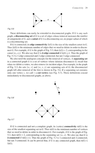 Connectivity 29
Fig. 5.5
These definitions can easily be extended to disconnected graphs. If G is any such
graph, a disconnecting set of G is a set of edges whose removal increases the number
of components of G, and a cutset of G is a disconnecting set, no proper subset of which
is a disconnecting set.
If G is connected, its edge connectivity X(G) is the size of the smallest cutset in G.
Thus X(G) is the minimum number of edges that we need to delete in order to discon-
nect G. For example, if G is the graph of Fig. 5.3, then X(G) - 2, corresponding to the
cutset {<?j, <?2}- We also say that G is &-edge connected if X(G) > k. Thus the graph of
Fig. 5.3 is 1-edge connected and 2-edge connected, but not 3-edge connected.
We also need the analogous concepts for the removal of vertices. A separating set
in a connected graph G is a set of vertices whose deletion disconnects G; recall that
when we delete a vertex, we also remove its incident edges. For example, in the graph
of Fig. 5.3, the sets {w, x} and {w, x, y} are separating sets of G; the disconnected
graph left after removal of the first is shown in Fig. 5.6. If a separating set contains
only one vertex v, we call v a cut-vertex (see Fig. 5.7). These definitions extend
immediately to disconnected graphs, as above.
y
• m
V Z
Fig. 5.6
Fig. 5.7
If G is connected and not a complete graph, its (vertex) connectivity K(G) is the
size of the smallest separating set in G. Thus K(G) is the minimum number of vertices
that we need to delete in order to disconnect G. For example, if G is the graph of Fig.
5.3, then K(G) = 2, corresponding to the separating set {w, x}. We also say that G is
^-connected if K(G) > k. Thus the graph of Fig. 5.3 is 1-connected and 2-connected,
but not 3-connected. It can be proved that, if G is any connected graph, then K(G) <
UG).
 