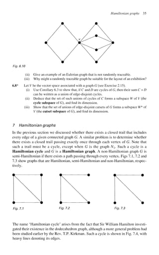 Hamiltonian graphs 35
Fig. 6.10
(ii) Give an example of an Eulerian graph that is not randomly traceable,
(iii) Why might a randomly traceable graph be suitable for the layout of an exhibition?
6.S* Let V be the vector space associated with a graph G (see Exercise 2.15).
(i) Use Corollary 6.3 to show that, if C and D are cycles of G, then their sum C + D
can be written as a union of edge-disjoint cycles,
(ii) Deduce that the set of such unions of cycles of C forms a subspace W of V (the
cycle subspace of G), and find its dimension,
(iii) Show that the set of unions of edge-disjoint cutsets of G forms a subspace W* of
V (the cutset subspace of G), and find its dimension.
7 Hamiltonian graphs
In the previous section we discussed whether there exists a closed trail that includes
every edge of a given connected graph G. A similar problem is to determine whether
there exists a closed trail passing exactly once through each vertex of G. Note that
such a trail must be a cycle, except when G is the graph N. Such a cycle is a
Hamiltonian cycle and G is a Hamiltonian graph. A non-Hamiltonian graph G is
semi-Hamiltonian if there exists a path passing through every vertex. Figs 7.1, 7.2 and
7.3 show graphs that are Hamiltonian, semi-Hamiltonian and non-Hamiltonian, respec-
tively.
Fig. 7.1 Fig. 7.2 Fig. 7.3
The name 'Hamiltonian cycle' arises from the fact that Sir William Hamilton investi-
gated their existence in the dodecahedron graph, although a more general problem had
been studied earlier by the Rev. T.P. Kirkman. Such a cycle is shown in Fig. 7.4, with
heavy lines denoting its edges.
 
