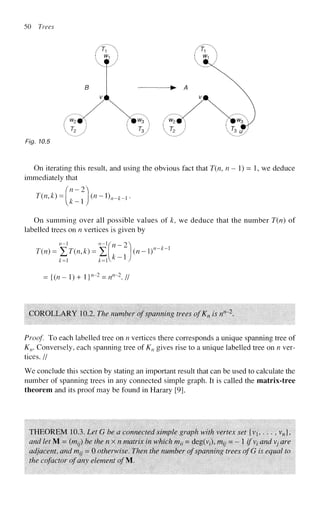 50 Trees
3 u.
Fig. 10.5
On iterating this result, and using the obvious fact that T(n, n - 1) = 1, we deduce
immediately that
T(n,k) = (n
k~_*) («-!)„_*_,.
On summing over all possible values of k, we deduce that the number T(n) of
labelled trees on n vertices is given by
n- n
~l
(n-2
r(/i)=£r(/a)=£ (n~y
k= k=k l
n-k-l
= {(«-!)+ l}n
-2
= nn
-z
J/
COROLLARY 10.2. The number of spanning trees ofKn is nn 2
.
Proof. To each labelled tree on n vertices there corresponds a unique spanning tree of
Kn. Conversely, each spanning tree of Kn gives rise to a unique labelled tree on n ver-
tices. //
We conclude this section by stating an important result that can be used to calculate the
number of spanning trees in any connected simple graph. It is called the matrix-tree
theorem and its proof may be found in Harary [9].
THROREM 10.3. Let G be a connected simple graph with vertex set {VJ vn],
and let M = Uriy) be the n x // matrix in which «/,,- = deg(v/), /;/7/- = - 1 //" 1
7 and Vj are
adjacent, and /?//,- = 0 otherwise. Then the number of spanning trees ofG is equal to
the cofactor of any element ofM.
 
