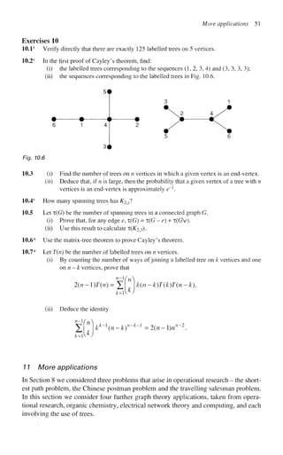More applications 51
Exercises 10
10.1s
Verify directly that there are exactly 125 labelled trees on 5 vertices.
10.2s
In the first proof of Cayley's theorem, find:
(i) the labelled trees corresponding to the sequences (1, 2, 3, 4) and (3, 3, 3, 3);
(ii) the sequences corresponding to the labelled trees in Fig. 10.6.
Fig. 10.6
3 #
10.3
10.4s
10.5
10.6*
10.7*
(i) Find the number of trees on n vertices in which a given vertex is an end-vertex,
(ii) Deduce that, if n is large, then the probability that a given vertex of a tree with n
vertices is an end-vertex is approximately e~l
.
How many spanning trees has K2^sl
Let T(G) be the number of spanning trees in a connected graph G.
(i) Prove that, for any edge e, x(G) = x(G - e) + x(GV).
(ii) Use this result to calculate x(K2^).
Use the matrix-tree theorem to prove Cayley's theorem.
Let T(n) be the number of labelled trees on n vertices,
(i) By counting the number of ways of joining a labelled tree on k vertices and one
onn-k vertices, prove that
2{n-l)T{n)=Jj
k=l
k(n-k)T{k)T(n-k).
(ii) Deduce the identity
n
yHn^
kk
-n-k)n
~h
-1
• 2{n - l)n
n~2
11 More applications
In Section 8 we considered three problems that arise in operational research - the short-
est path problem, the Chinese postman problem and the travelling salesman problem.
In this section we consider four further graph theory applications, taken from opera-
tional research, organic chemistry, electrical network theory and computing, and each
involving the use of trees.
 