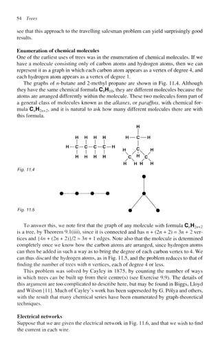 54 Trees
see that this approach to the travelling salesman problem can yield surprisingly good
results.
Enumeration of chemical molecules
One of the earliest uses of trees was in the enumeration of chemical molecules. If we
have a molecule consisting only of carbon atoms and hydrogen atoms, then we can
represent it as a graph in which each carbon atom appears as a vertex of degree 4, and
each hydrogen atom appears as a vertex of degree 1.
The graphs of ^-butane and 2-methyl propane are shown in Fig. 11.4. Although
they have the same chemical formula C4H10, they are different molecules because the
atoms are arranged differently within the molecule. These two molecules form part of
a general class of molecules known as the alkanes, or paraffins, with chemical for-
mula C„H2n+2, and it is natural to ask how many different molecules there are with
this formula.
H
H H H H H — C — H
I I I I I
H H H H C H
C
/  / 
H H H H
Fig. 11.4
• • • •
Fig. 11.5
To answer this, we note first that the graph of any molecule with formula C/7H2/2+2
is a tree, by Theorem 9.1(iii), since it is connected and has n + (In + 2) = 3n + 2 ver-
tices and {4n + (In + 2)}/2 = 3n + 1 edges. Note also that the molecule is determined
completely once we know how the carbon atoms are arranged, since hydrogen atoms
can then be added in such a way as to bring the degree of each carbon vertex to 4. We
can thus discard the hydrogen atoms, as in Fig. 11.5, and the problem reduces to that of
finding the number of trees with n vertices, each of degree 4 or less.
This problem was solved by Cayley in 1875, by counting the number of ways
in which trees can be built up from their centre(s) (see Exercise 9.9). The details of
this argument are too complicated to describe here, but may be found in Biggs, Lloyd
and Wilson [11]. Much of Cayley's work has been superseded by G. Polya and others,
with the result that many chemical series have been enumerated by graph-theoretical
techniques.
Electrical networks
Suppose that we are given the electrical network in Fig. 11.6, and that we wish to find
the current in each wire.
/ 
 