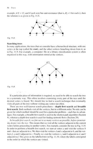56 Trees
example, if E = 12, and if each wire has unit resistance (that is, R( = 1 for each /), then
the solution is as given in Fig. 11.8.
V 2 W
X 8 y 2 Z
Fig. 11.8
Searching trees
In many applications, the trees that we consider have a hierarchical structure, with one
vertex at the top (called the root), and the other vertices branching down from it, as
in Fig. 11.9. For example, a computer file or a library classification system is often
organized in this way, with information stored at the vertices.
/ j k I
Fig. 11.9
If a particular piece of information is required, we need to be able to search the tree
in a systematic way. This often involves examining every part of the tree until the
desired vertex is found. We should like to find a search technique that eventually
visits all parts of the tree without visiting any vertex too often.
There are two well-known search procedures - depth first search and breadth
first search. Both methods visit all the vertices, but in a different order. No rule can be
given for which method should be used for a particular problem - each has its advan-
tages. For example, a breadth first search is used in the shortest path algorithm (Section
8), whereas a depth first search is used for finding network flows (Section 29).
In breadth first search, wefan out to as many vertices as possible, before penetrat-
ing deeper into the tree. This means that we visit all the vertices adjacent to the current
vertex before proceeding to another vertex. For example, consider the tree in Fig. 11.9.
In order to perform a breadth first search, we start at vertex a and visit the vertices b
and c that are adjacent to a. We then visit the vertices d and e adjacent to b, and the ver-
tices/, g and h adjacent to c. Finally we visit the vertices i,j and k adjacent to d, and /
adjacent to/. This gives us the labelled tree in Fig. 11.10, where the labels correspond
to the order in which the vertices are visited.
 