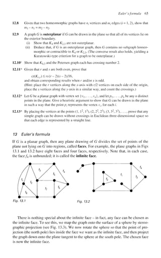 Eulef sformula 65
12.8 Given that two homeomorphic graphs have n{ vertices and ml edges (/ = 1, 2), show that
m-n —m.2 — «2-
12.9 A graph G is outerplanar if G can be drawn in the plane so that all of its vertices lie on
the exterior boundary.
(i) Show that K4. and ^2,3 are not outerplanar.
(ii) Deduce that, if G is an outerplanar graph, then G contains no subgraph homeo-
morphic or contractible to KA or K2^. (The converse result also holds, yielding a
Kuratowski-type criterion for a graph to be outerplanar.)
12.10s
Show that K4^ and the Petersen graph each has crossing number 2.
12.11* Given that r and s are both even, prove that
cx(KrrS) <rs(r-2){s -2)116,
and obtain corresponding results when r and/or s is odd.
(Hint: place the r vertices along the x-axis with r/2 vertices on each side of the origin,
place the s vertices along the ^-axis in a similar way, and count the crossings.)
12.12*
12.13*
Let G be a planar graph with vertex set {vl5. .. , vn), and lttp,. . . , pn be any n distinct
points in the plane. Give a heuristic argument to show that G can be drawn in the plane
in such a way that the point /?, represents the vertex v7, for each /.
By placing the vertices at the points (1, I2
, l3
), (2, 22
, 23
), (3, 32
, 33
),.. ., prove that any
simple graph can be drawn without crossings in Euclidean three-dimensional space so
that each edge is represented by a straight line.
13 Euler's formula
If G is a planar graph, then any plane drawing of G divides the set of points of the
plane not lying on G into regions, called faces. For example, the plane graphs in Figs
13.1 and 13.2 have eight faces and four faces, respectively. Note that, in each case,
the face/4 is unbounded; it is called the infinite face.
Fig. 13.1 Fig. 13.2
There is nothing special about the infinite face - in fact, any face can be chosen as
the infinite face. To see this, we map the graph onto the surface of a sphere by stereo-
graphic projection (see Fig. 13.3). We now rotate the sphere so that the point of pro-
jection (the north pole) lies inside the face we want as the infinite face, and then project
the graph down onto the plane tangent to the sphere at the south pole. The chosen face
is now the infinite face.
 