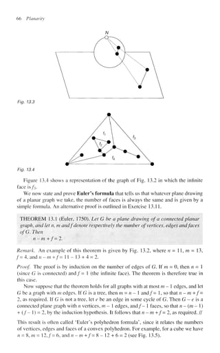 66 Planarity
Fig. 13.3
Fig. 13.4
Figure 13.4 shows a representation of the graph of Fig. 13.2 in which the infinite
face is/3.
We now state and prove Euler's formula that tells us that whatever plane drawing
of a planar graph we take, the number of faces is always the same and is given by a
simple formula. An alternative proof is outlined in Exercise 13.11.
THEOREM 13.1 (Euler, 1750). Let G be a plane drawing of a connected planar
graph, and let n, m andf denote respectively the number of vertices, edges and faces
of'G. Then
n-m+f= 2.
Remark. An example of this theorem is given by Fig. 13.2, where n = 11, m = 13,
/ = 4, and n - m +/= 11-13 + 4 = 2.
Proof. The proof is by induction on the number of edges of G. If m = 0, then n = 1
(since G is connected) and/= 1 (the infinite face). The theorem is therefore true in
this case.
Now suppose that the theorem holds for all graphs with at most m— edges, and let
G be a graph with m edges. If G is a tree, then m = n- and/= 1, so that n — m+f =
2, as required. If G is not a tree, let e be an edge in some cycle of G. Then G - e is a
connected plane graph with n vertices, m— edges, and/- 1 faces, so that n-(m—l)
+ ( / - 1) = 2, by the induction hypothesis. It follows that n-m +/= 2, as required. //
This result is often called 'Euler's polyhedron formula', since it relates the numbers
of vertices, edges and faces of a convex polyhedron. For example, for a cube we have
n = 8, m = 12,/= 6, and n - m +/= 8-12 + 6 = 2 (see Fig. 13.5).
 
