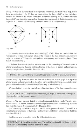 90 Colouring graphs
Proof. => We can assume that G is simple and connected, so that G* is a map. If we
have a £-colouring(v) for G, then we can £-colour the faces of G* so that each face
inherits the colour of the unique vertex that it contains (see Fig. 19.6). No two adjacent
faces of G* can have the same colour because the vertices of G that they contain are
adjacent in G and so are differently coloured. Thus G* is £-colourable(f).
-4 ^
G*
Fig. 19.6
<= Suppose now that we have a £-colouring(f) of G*. Then we can ^-colour the
vertices of G so that each vertex inherits the colour of the face containing it. No two
adjacent vertices of G have the same colour, by reasoning similar to the above. Thus
G is &-colourable(v). //
It follows that we can dualize any theorem on the colouring of the vertices of a
planar graph to give a theorem on the colouring of the faces of a map, and conversely.
As an example of this, consider Theorem 19.1.
THEOREM 19.1. ,4 map G is 2-colourable(f) if and only ifG is an Eulerkm graph.
Second proof. By Exercise 15.9, the dual of an Eulerian planar graph is a bipartite
planar graph, and conversely. It is therefore sufficient to note that a connected planar
graph without loops is 2-colourable(v) if and only if it is bipartite. //
We can similarly prove the equivalence of the two forms of the four-colour theorem.
COROLLARY 19.3. The four-colour theorem for maps is equivalent to the four-
colour theorem for planar graphs.
Proof => We may assume that G is a simple connected plane graph. Then its geo-
metric dual G* is a map, and the 4-colourability(v) of G follows immediately from the
fact that this map is 4-colourable(f), by Theorem 19.2.
<= Conversely, let G be a map and let G* be its geometric dual. Then G* is a
simple planar graph and is therefore 4-colourable(v). It follows immediately that G is
4-colourable(f). //
Duality can also be used to prove the following theorem.
THEOREM 19.4. Let G be a cubic map. Then G is 3-colourable(1) if and only if
each face is bounded by an even number of edges.
 