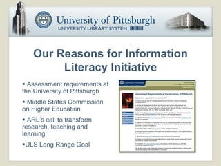 Our Reasons for Information
        Literacy Initiative
 Assessment requirements at
the University of Pittsburgh
 Middle States Commission
on Higher Education
 ARL’s call to transform
research, teaching and
learning
ULS Long Range Goal
 