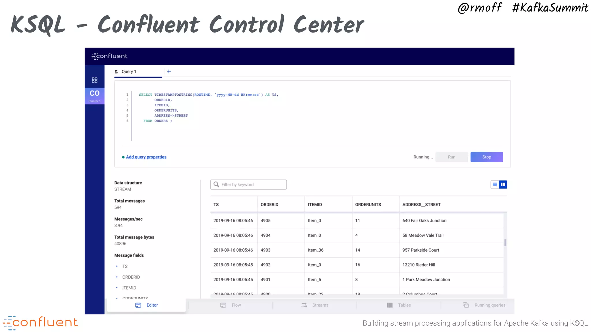 Building stream processing applications for Apache Kafka using KSQL @rmoff #KafkaSummit KSQL - Confluent Control Center 