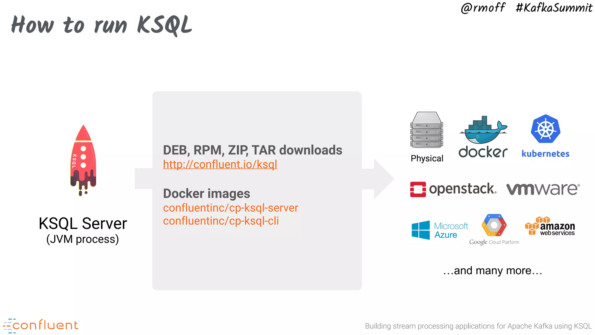 Building stream processing applications for Apache Kafka using KSQL @rmoff #KafkaSummit How to run KSQL KSQL Server (JVM process) …and many more… DEB, RPM, ZIP, TAR downloads http://confluent.io/ksql Docker images confluentinc/cp-ksql-server confluentinc/cp-ksql-cli 