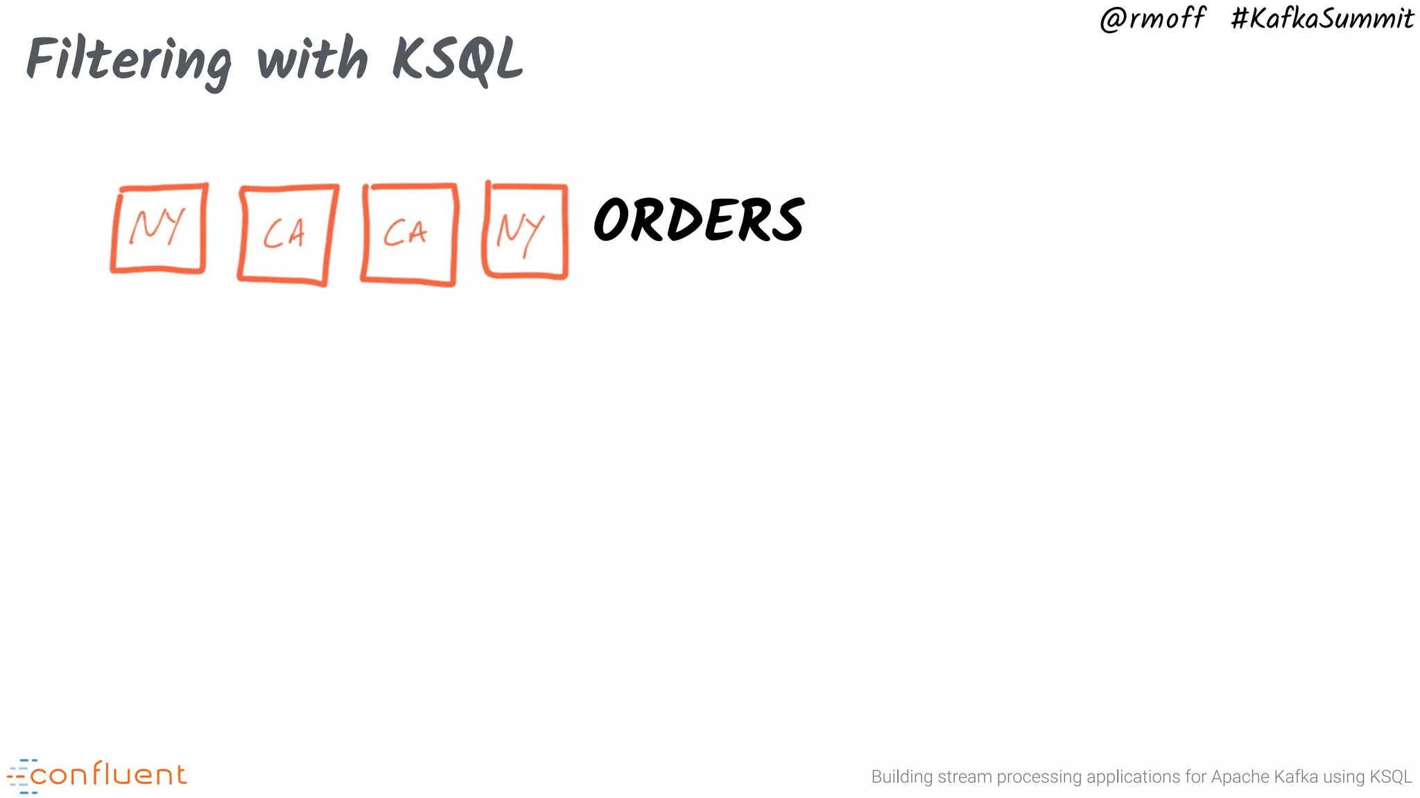 Building stream processing applications for Apache Kafka using KSQL @rmoff #KafkaSummit Filtering with KSQL ORDERS 