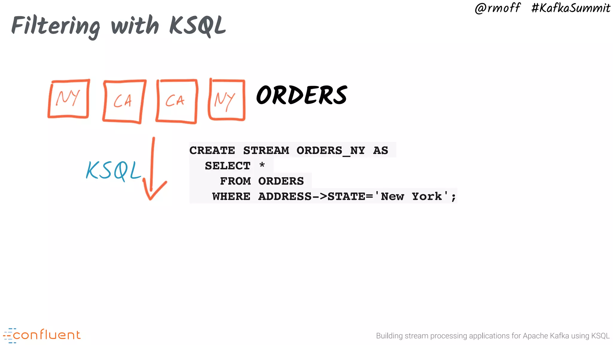 Building stream processing applications for Apache Kafka using KSQL @rmoff #KafkaSummit Filtering with KSQL ORDERS CREATE STREAM ORDERS_NY AS SELECT * FROM ORDERS WHERE ADDRESS->STATE='New York'; KSQL 
