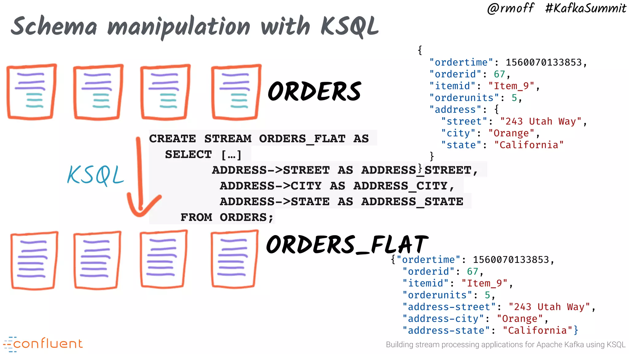 Building stream processing applications for Apache Kafka using KSQL @rmoff #KafkaSummit Schema manipulation with KSQL ORDERS ORDERS_FLAT CREATE STREAM ORDERS_FLAT AS SELECT […] ADDRESS->STREET AS ADDRESS_STREET, ADDRESS->CITY AS ADDRESS_CITY, ADDRESS->STATE AS ADDRESS_STATE FROM ORDERS; {"ordertime": 1560070133853, "orderid": 67, "itemid": "Item_9", "orderunits": 5, "address-street": "243 Utah Way", "address-city": "Orange", "address-state": "California"} { "ordertime": 1560070133853, "orderid": 67, "itemid": "Item_9", "orderunits": 5, "address": { "street": "243 Utah Way", "city": "Orange", "state": "California" } } KSQL 