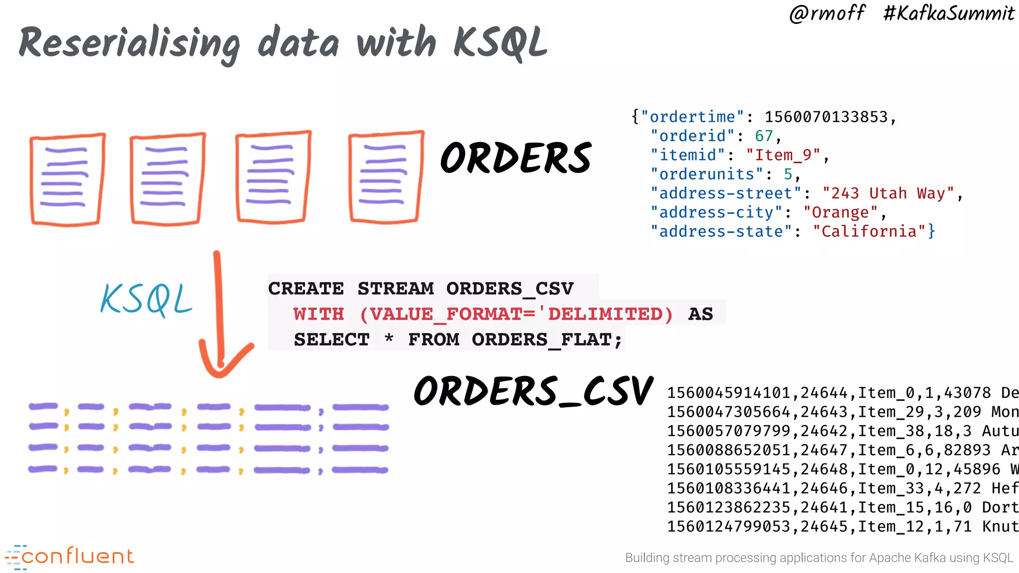 Building stream processing applications for Apache Kafka using KSQL @rmoff #KafkaSummit Reserialising data with KSQL ORDERS ORDERS_CSV CREATE STREAM ORDERS_CSV WITH (VALUE_FORMAT='DELIMITED) AS SELECT * FROM ORDERS_FLAT; {"ordertime": 1560070133853, "orderid": 67, "itemid": "Item_9", "orderunits": 5, "address-street": "243 Utah Way", "address-city": "Orange", "address-state": "California"} 1560045914101,24644,Item_0,1,43078 De 1560047305664,24643,Item_29,3,209 Mon 1560057079799,24642,Item_38,18,3 Autu 1560088652051,24647,Item_6,6,82893 Ar 1560105559145,24648,Item_0,12,45896 W 1560108336441,24646,Item_33,4,272 Hef 1560123862235,24641,Item_15,16,0 Dort 1560124799053,24645,Item_12,1,71 Knut KSQL 