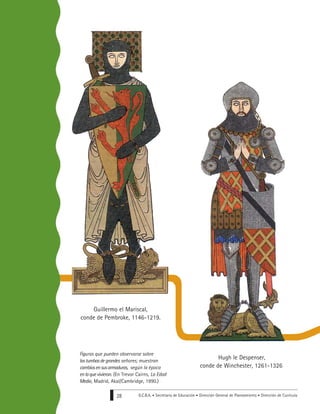 G.C.B.A. • Secretaría de Educación • Dirección General de Planeamiento • Dirección de Currícula28
Guillermo el Mariscal,
conde de Pembroke, 1146-1219.
Hugh le Despenser,
conde de Winchester, 1261-1326
Figuras que pueden observarse sobre
lastumbasdegrandes señores; muestran
cambiosensusarmaduras, según la época
enlaquevivieron. (En Trevor Cairns, La Edad
Media, Madrid, Akal/Cambridge, 1990.)
 