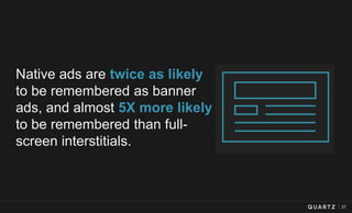 21
Native ads are twice as likely
to be remembered as banner
ads, and almost 5X more likely
to be remembered than full-
screen interstitials.
 