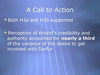 A Call to Action
Both H3a and H3b supported
Perception of Kristof’s credibility and
authority accounted for nearly a thi...