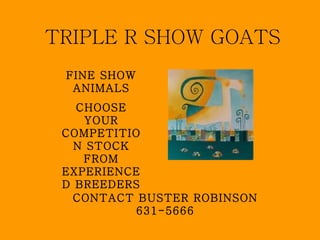 TRIPLE R SHOW GOATS FINE SHOW ANIMALS CHOOSE YOUR COMPETITION STOCK FROM EXPERIENCED BREEDERS CONTACT BUSTER ROBINSON 631-5666 