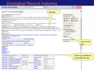 Zoological Record Indexing
Abstract
Indexing & additional
nomenclatural acts
Links to full
text
 