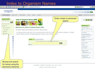 Index to Organism Names
Enter a basic or advanced
search
Browse and search
for names using the
taxonomic hierarchy
 