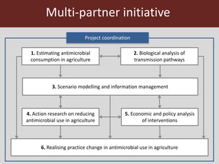 Project coordination
1. Estimating antimicrobial
consumption in agriculture
2. Biological analysis of
transmission pathways
4. Action research on reducing
antimicrobial use in agriculture
5. Economic and policy analysis
of interventions
3. Scenario modelling and information management
6. Realising practice change in antimicrobial use in agriculture
Multi-partner initiative
 