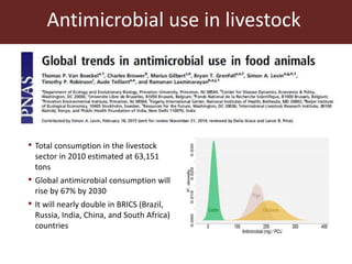 Antimicrobial use in livestock
• Total consumption in the livestock
sector in 2010 estimated at 63,151
tons
• Global antimicrobial consumption will
rise by 67% by 2030
• It will nearly double in BRICS (Brazil,
Russia, India, China, and South Africa)
countries
 