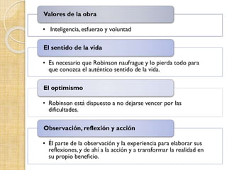 • Inteligencia, esfuerzo y voluntad
Valores de la obra
• Es necesario que Robinson naufrague y lo pierda todo para
que conozca el auténtico sentido de la vida.
El sentido de la vida
• Robinson está dispuesto a no dejarse vencer por las
dificultades.
El optimismo
• Él parte de la observación y la experiencia para elaborar sus
reflexiones, y de ahí a la acción y a transformar la realidad en
su propio beneficio.
Observación, reflexión y acción
 